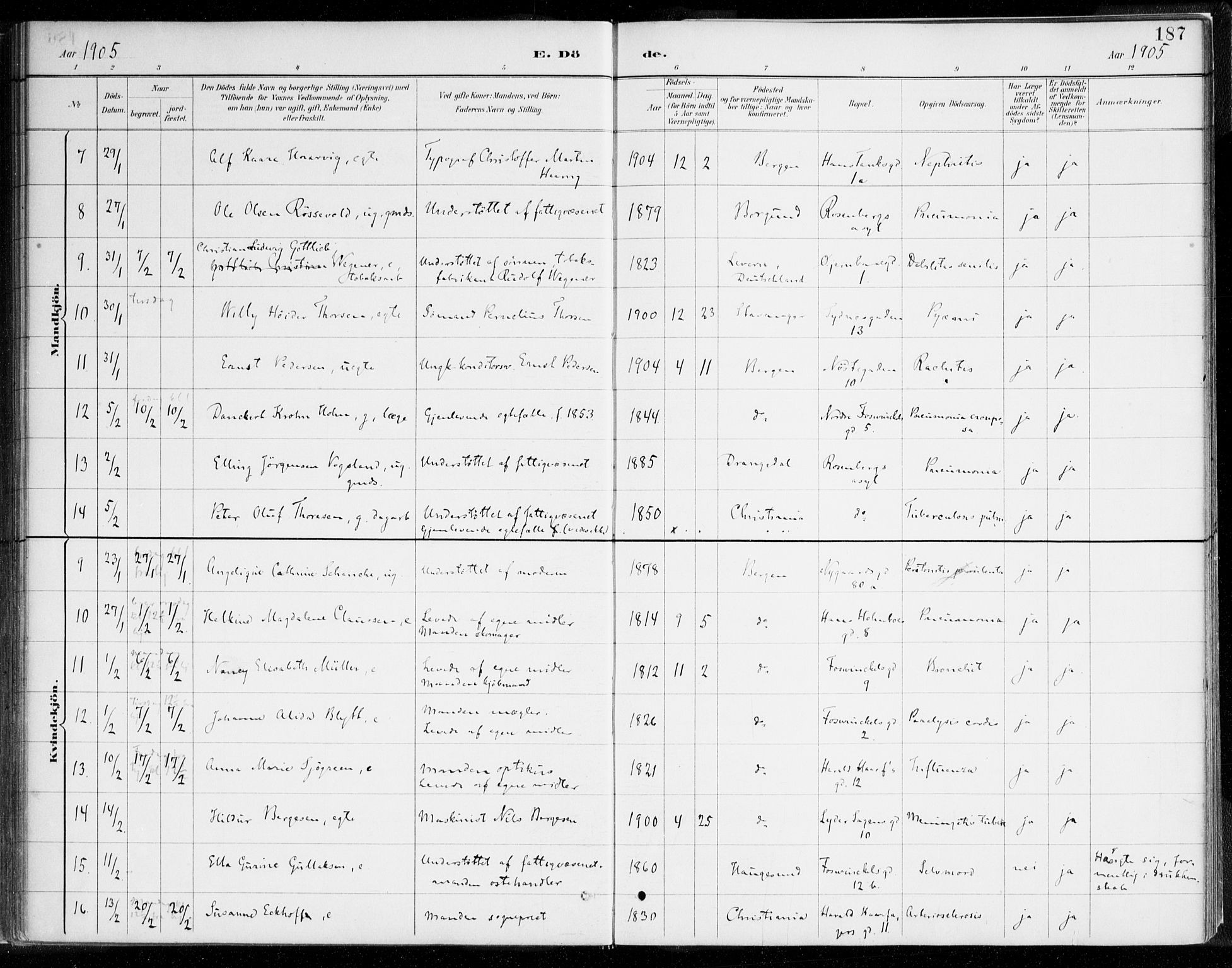 Johanneskirken sokneprestembete, SAB/A-76001/H/Haa/L0019: Parish register (official) no. E 1, 1885-1915, p. 187