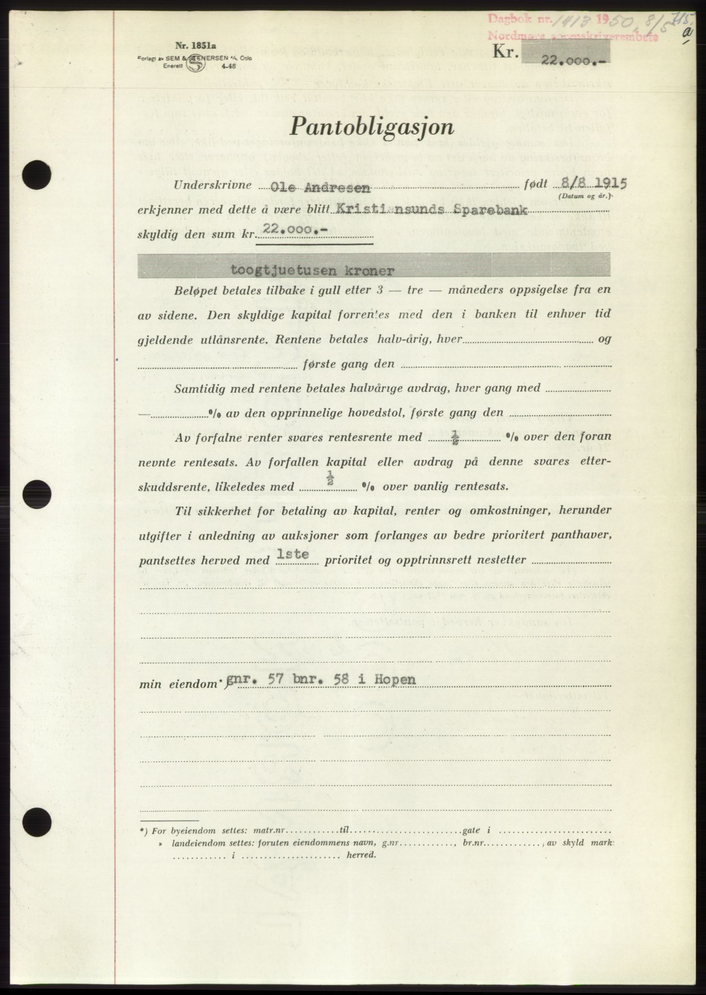 Nordmøre sorenskriveri, AV/SAT-A-4132/1/2/2Ca: Mortgage book no. B104, 1950-1950, Diary no: : 1413/1950