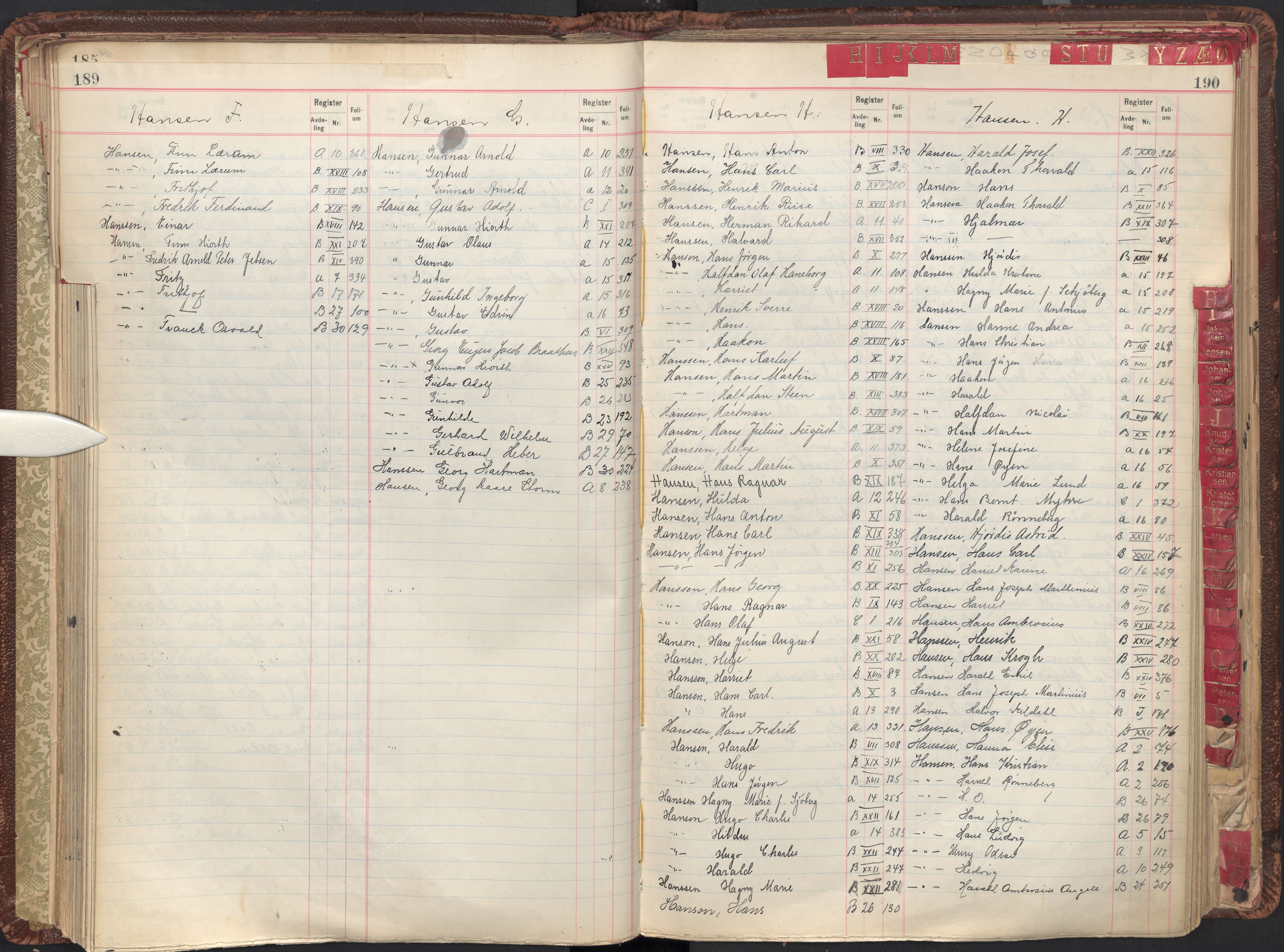 Oslo byfogd avd. II, AV/SAO-A-10942/G/Ga/Gab/L0003: Personregister: A 1-17, B 1-33, C 1-2, 1921, p. 189-190