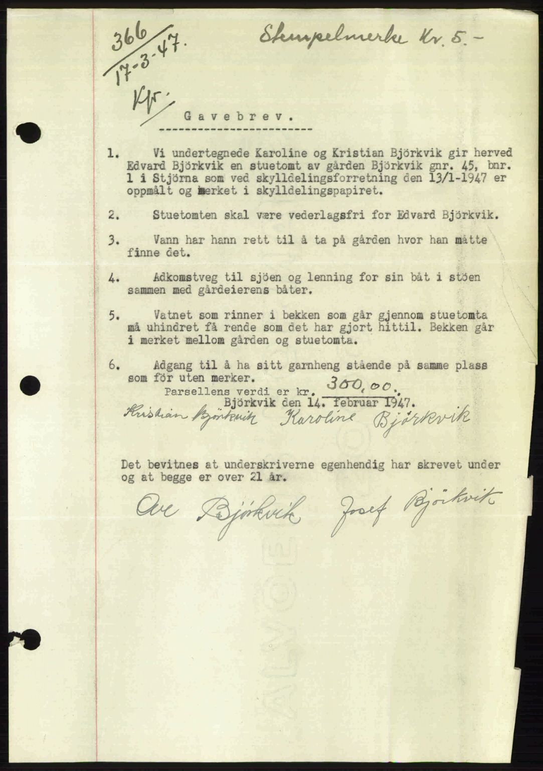 Fosen sorenskriveri, AV/SAT-A-1107/1/2/2C: Mortgage book no. A4-6, 1946-1947, Diary no: : 366/1947
