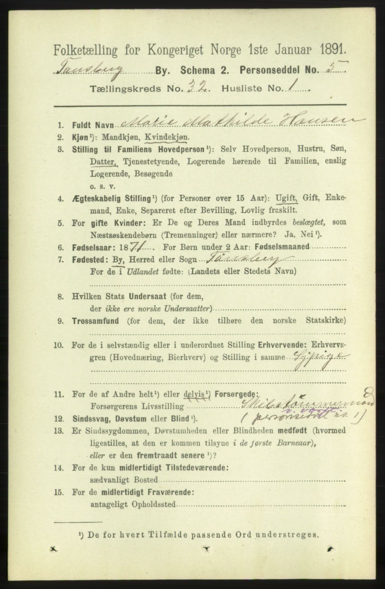 RA, 1891 census for 0705 Tønsberg, 1891, p. 7464