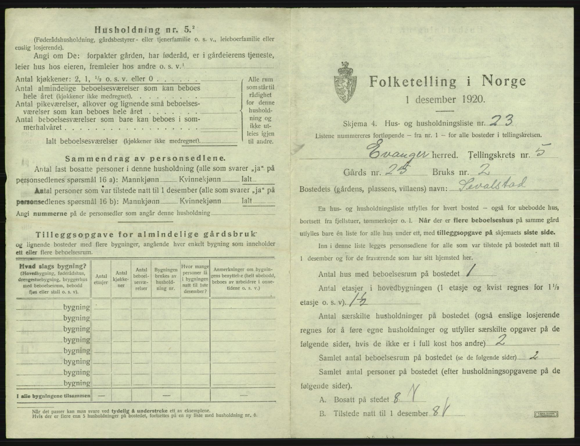 SAB, 1920 census for Evanger, 1920, p. 275