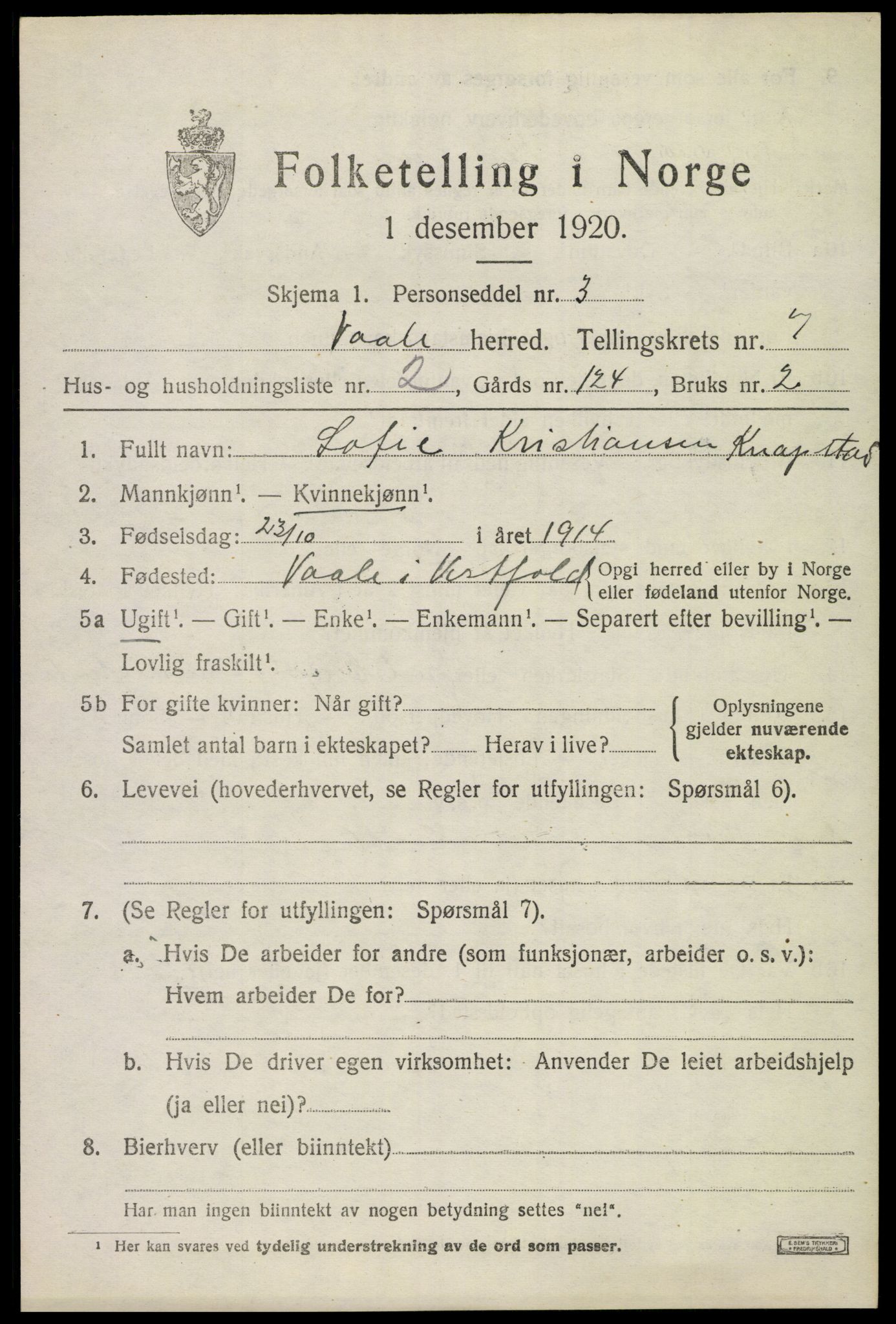 SAKO, 1920 census for Våle, 1920, p. 5514