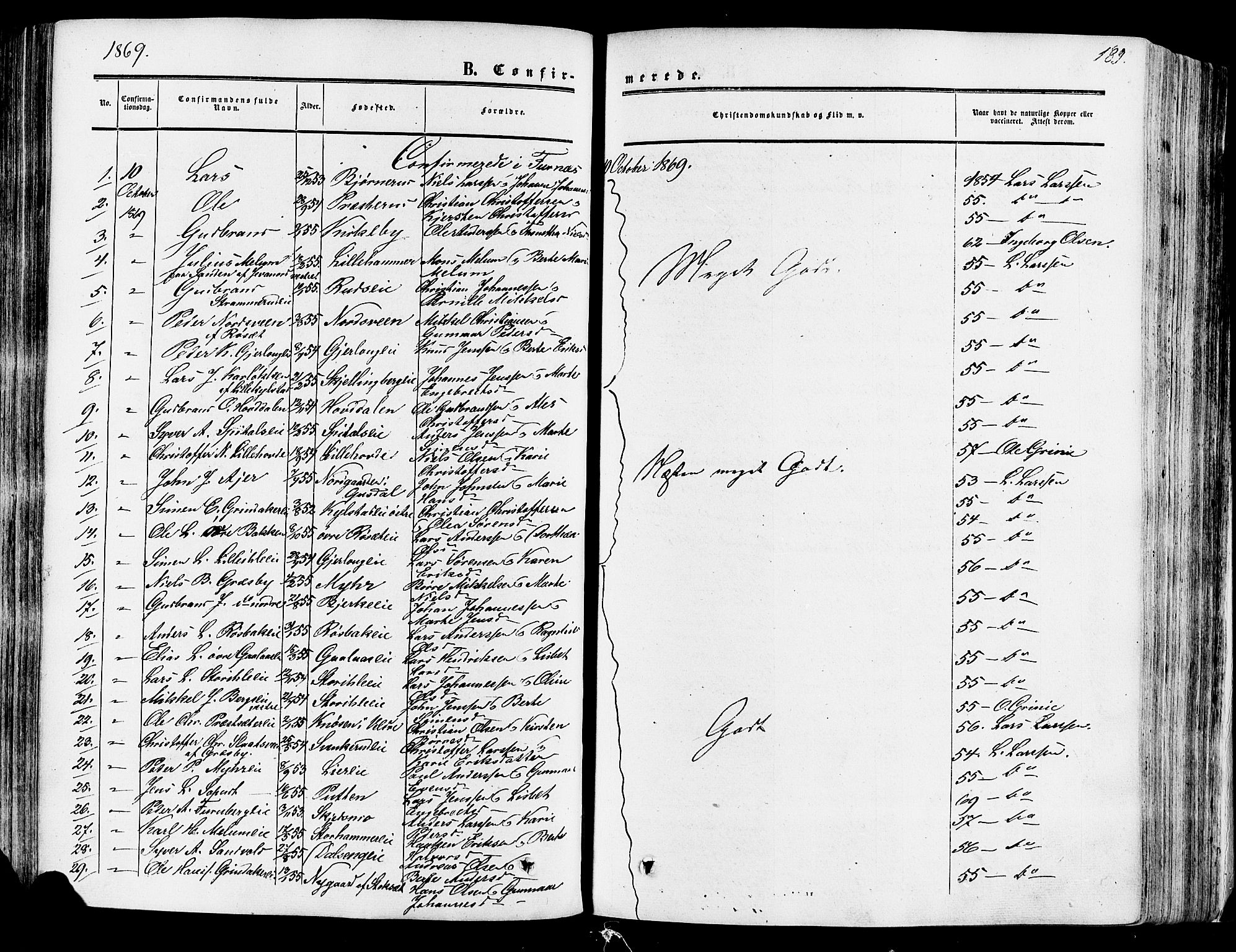 Vang prestekontor, Hedmark, SAH/PREST-008/H/Ha/Haa/L0013: Parish register (official) no. 13, 1855-1879, p. 189