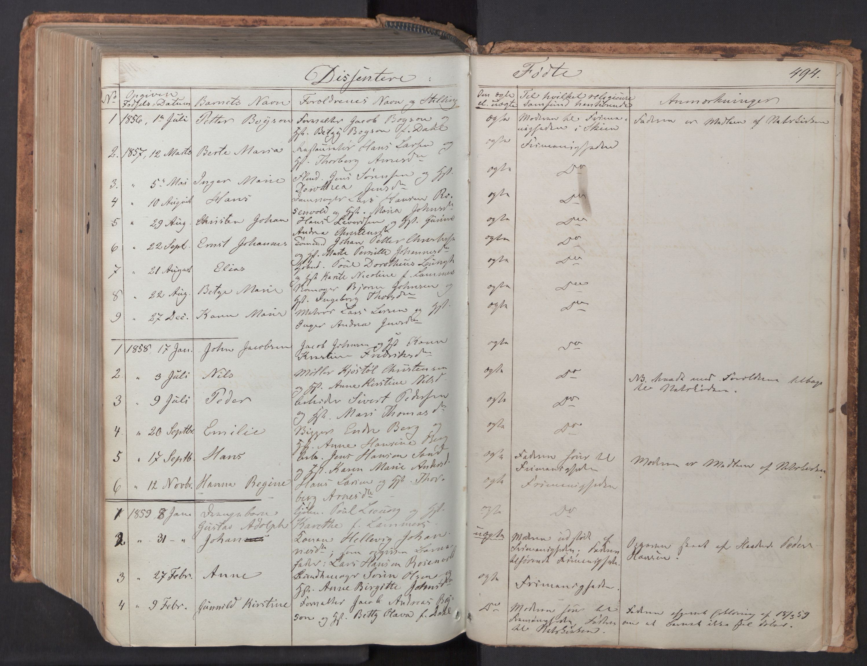 Skien kirkebøker, SAKO/A-302/F/Fa/L0007: Parish register (official) no. 7, 1856-1865, p. 494