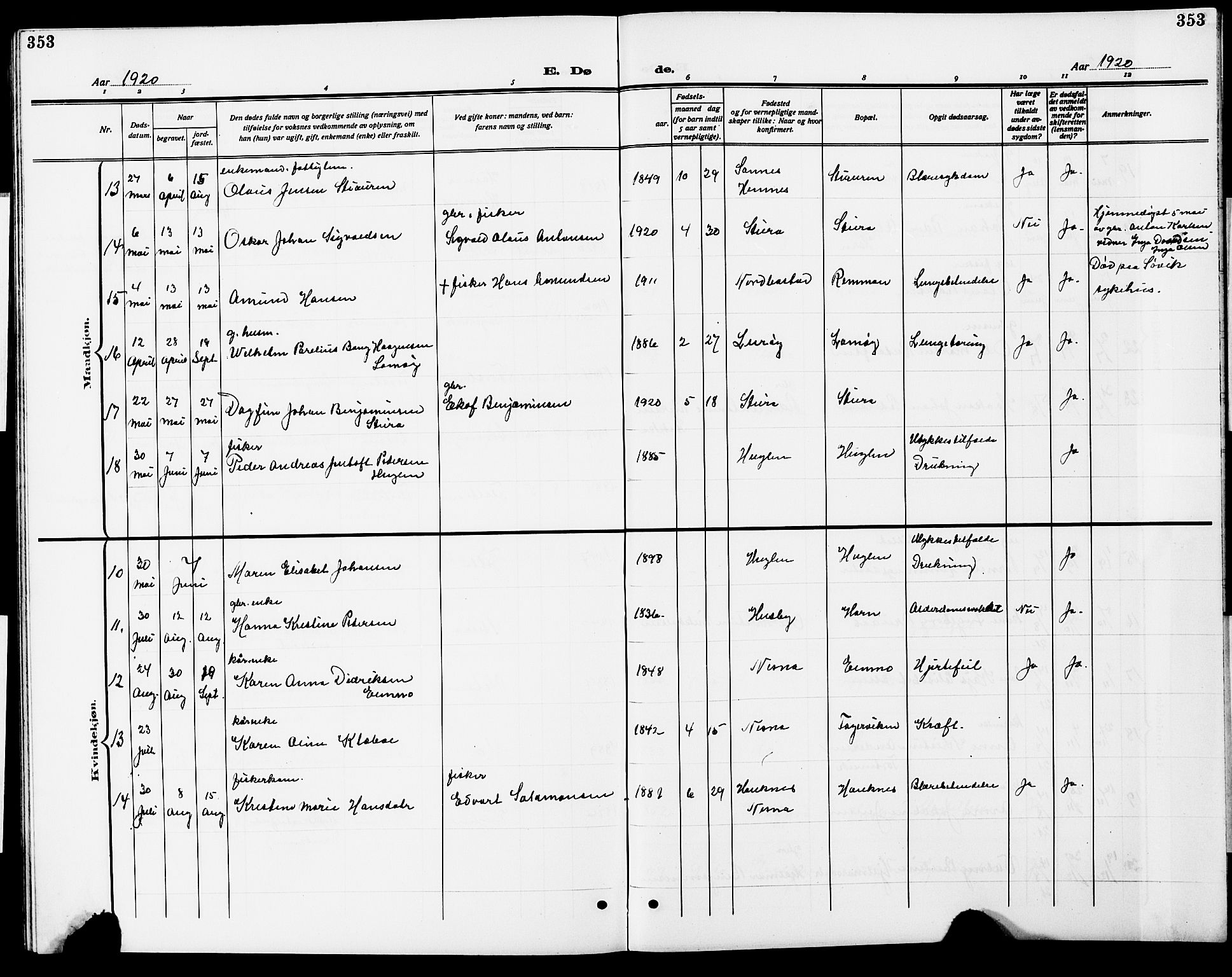 Ministerialprotokoller, klokkerbøker og fødselsregistre - Nordland, SAT/A-1459/838/L0560: Parish register (copy) no. 838C07, 1910-1928, p. 353