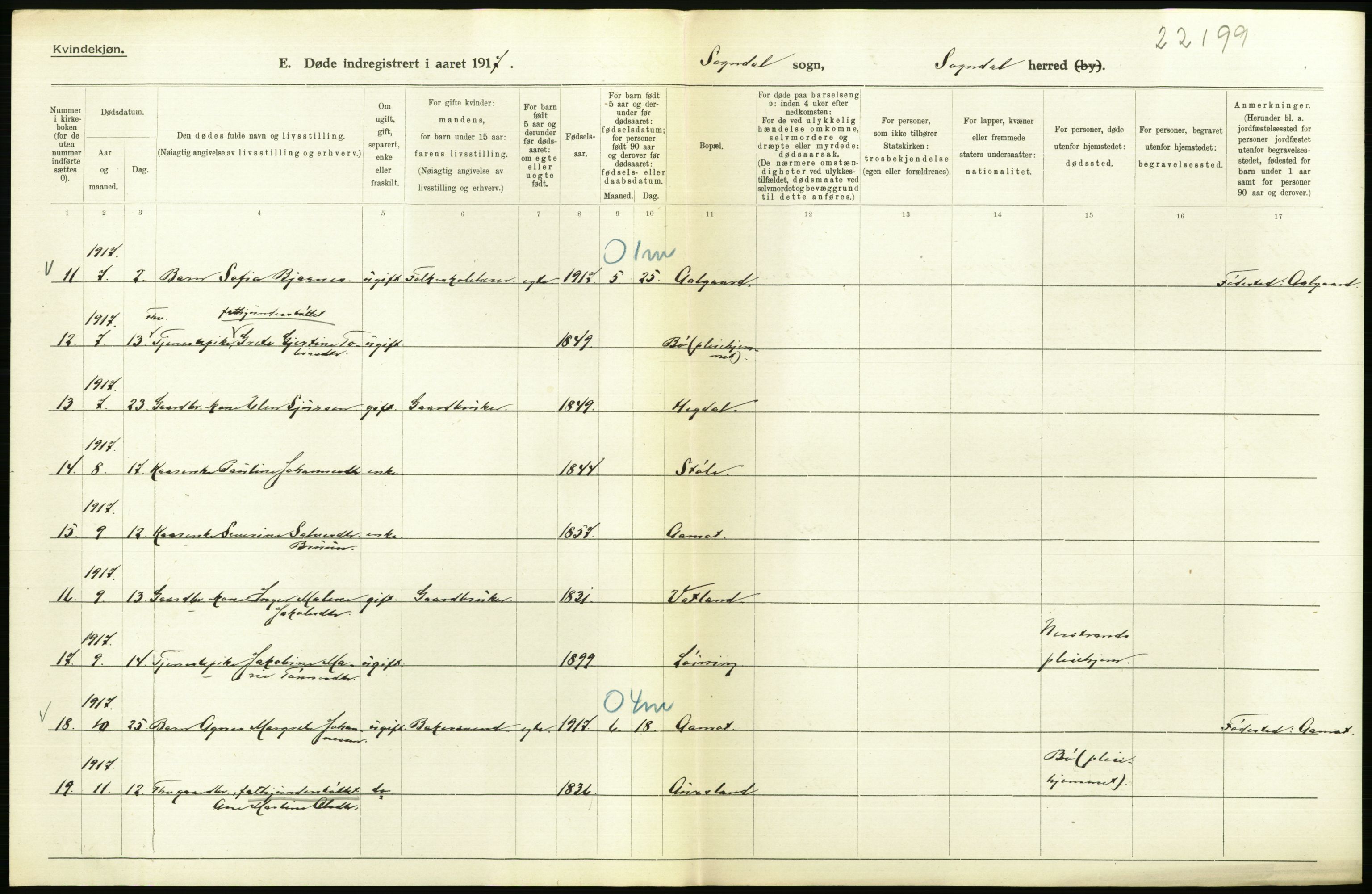 Statistisk sentralbyrå, Sosiodemografiske emner, Befolkning, RA/S-2228/D/Df/Dfb/Dfbg/L0033: Stavanger amt: Døde, dødfødte. Bygder og byer., 1917, p. 172