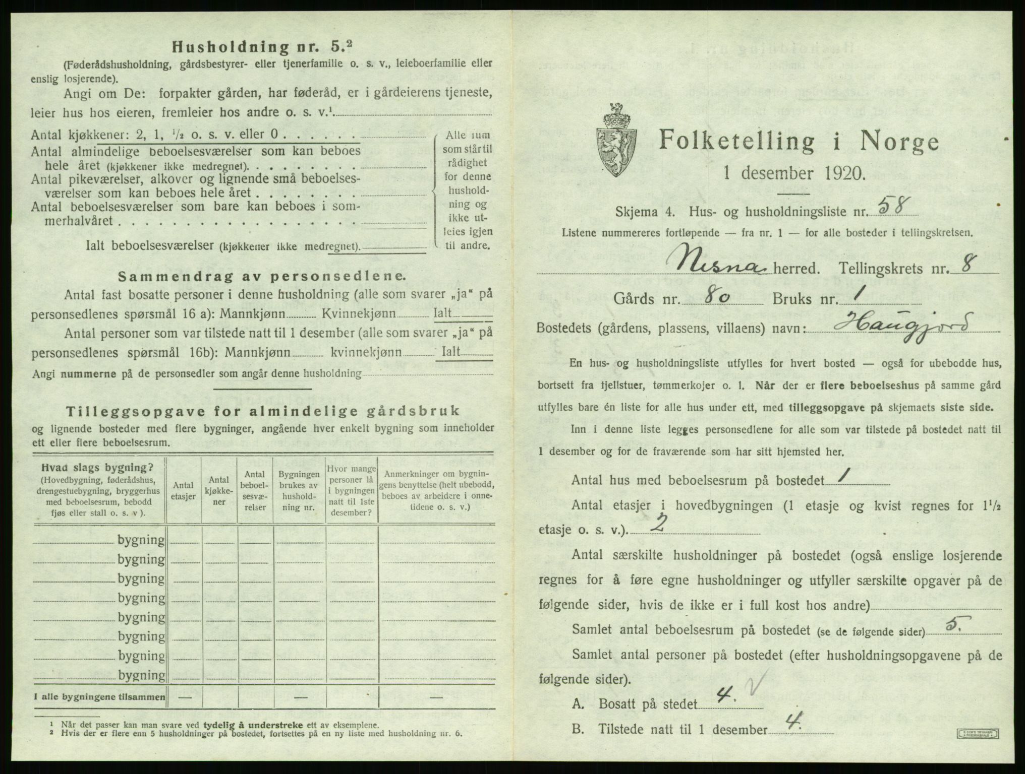 SAT, 1920 census for Nesna, 1920, p. 1045