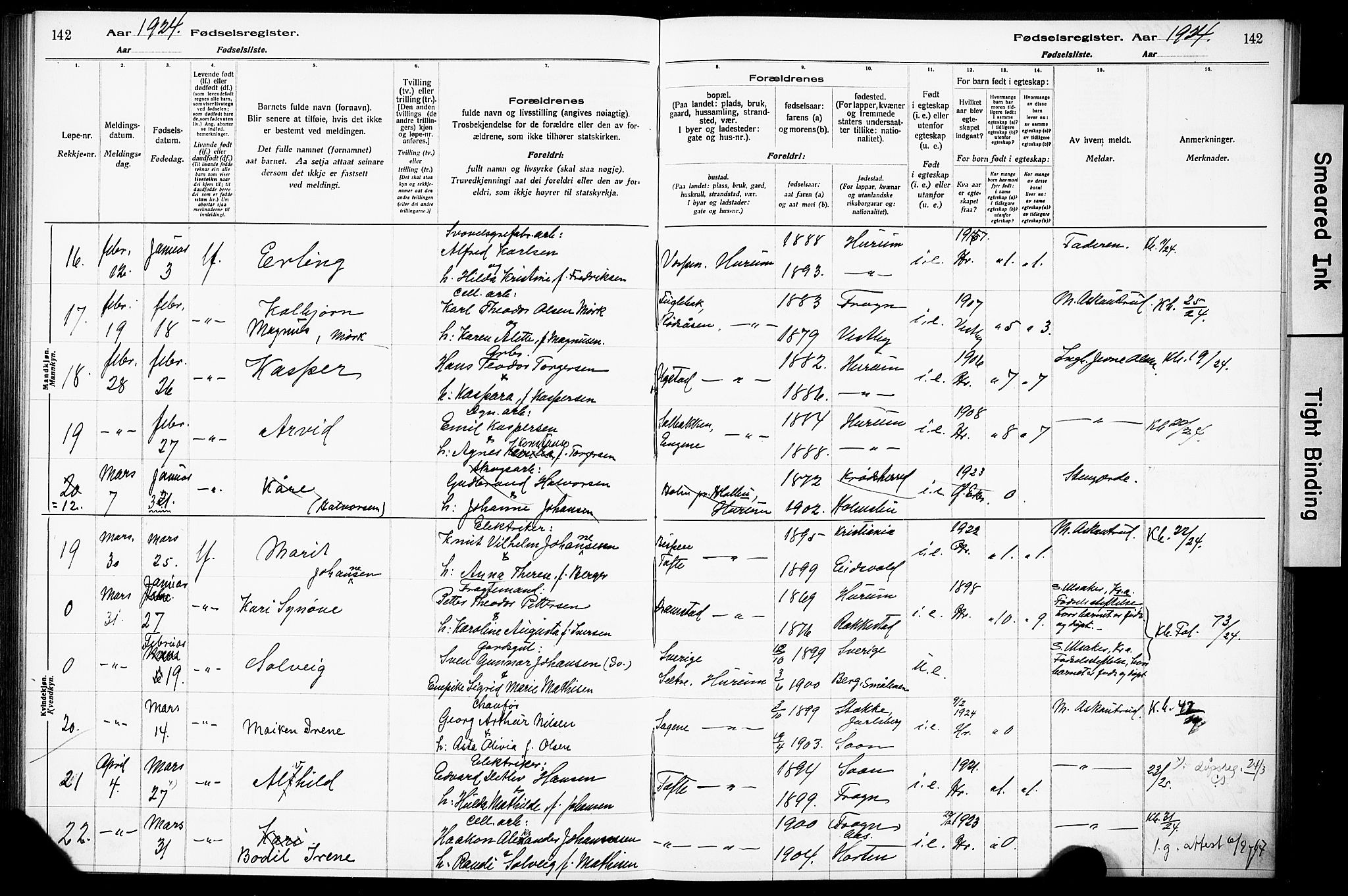 Hurum kirkebøker, AV/SAKO-A-229/J/Ja/L0001: Birth register no. 1, 1916-1928, p. 142