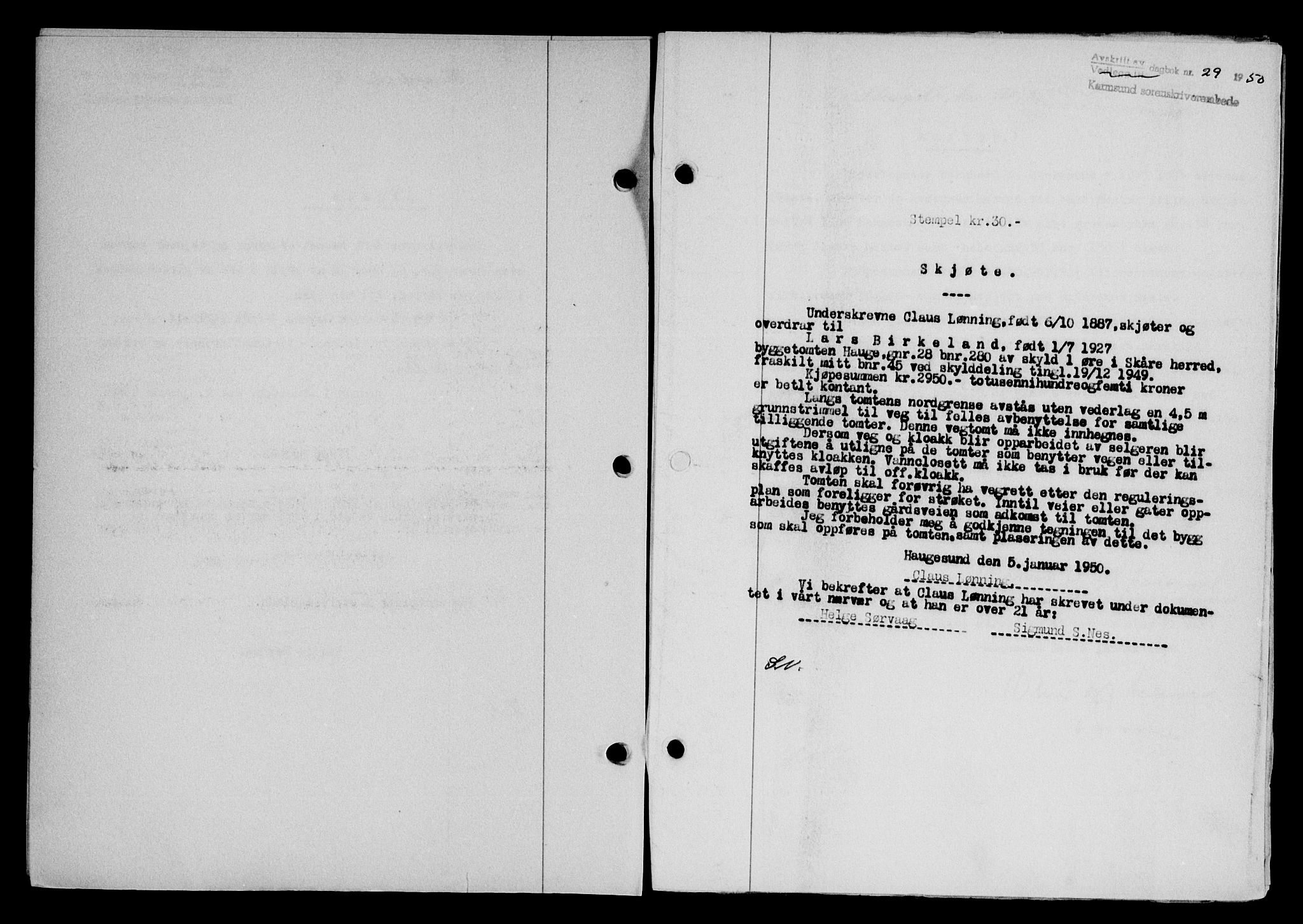 Karmsund sorenskriveri, SAST/A-100311/01/II/IIB/L0098: Mortgage book no. 78A, 1949-1950, Diary no: : 29/1950
