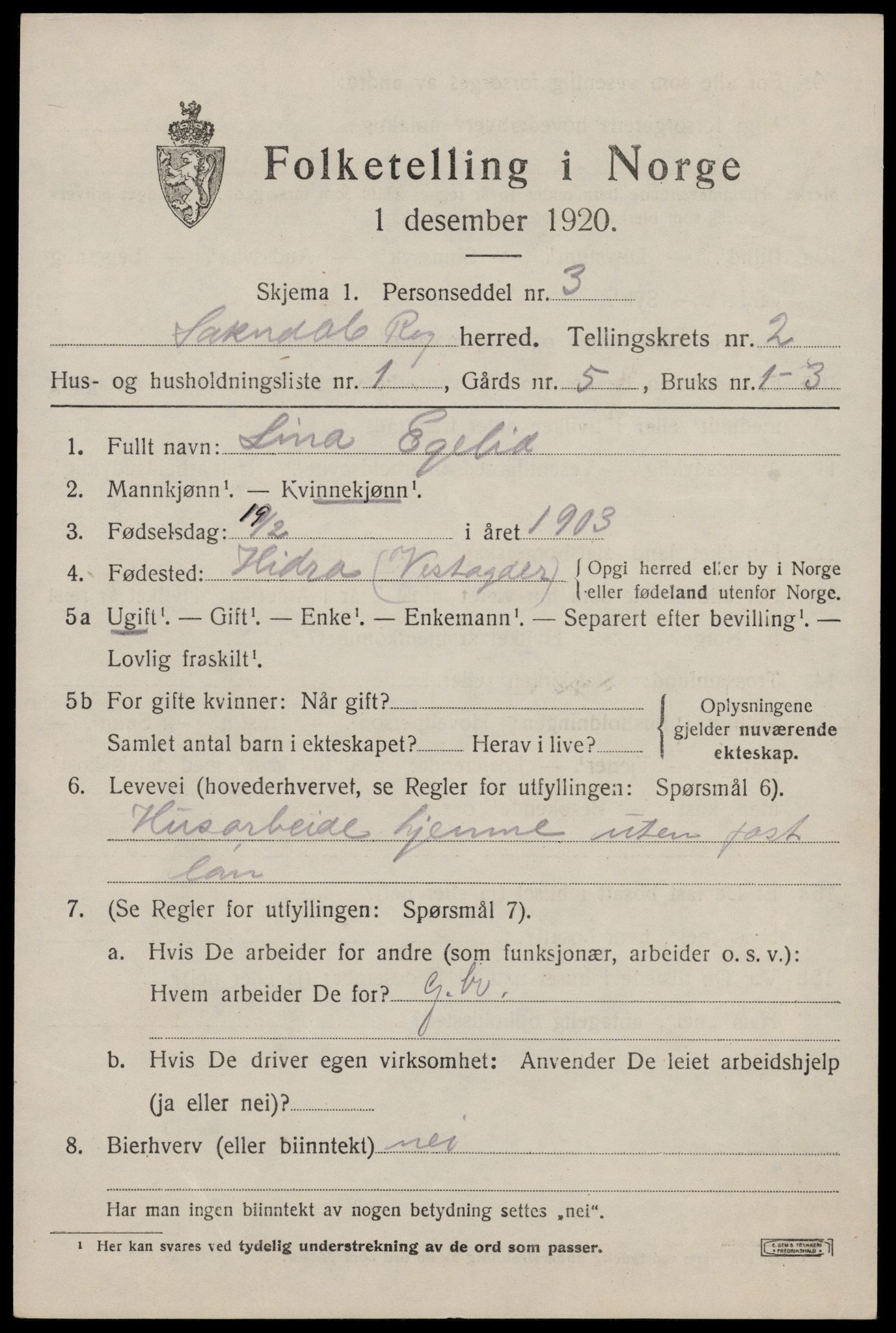 SAST, 1920 census for Sokndal, 1920, p. 1705