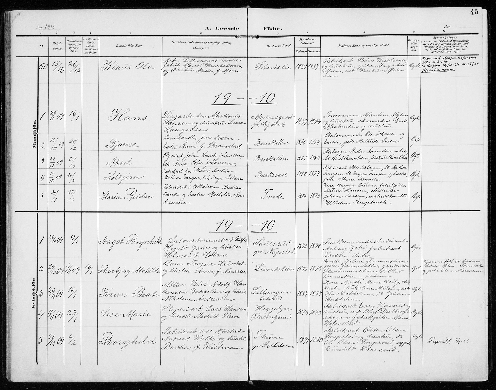 Vardal prestekontor, SAH/PREST-100/H/Ha/Haa/L0016: Parish register (official) no. 16, 1904-1916, p. 45