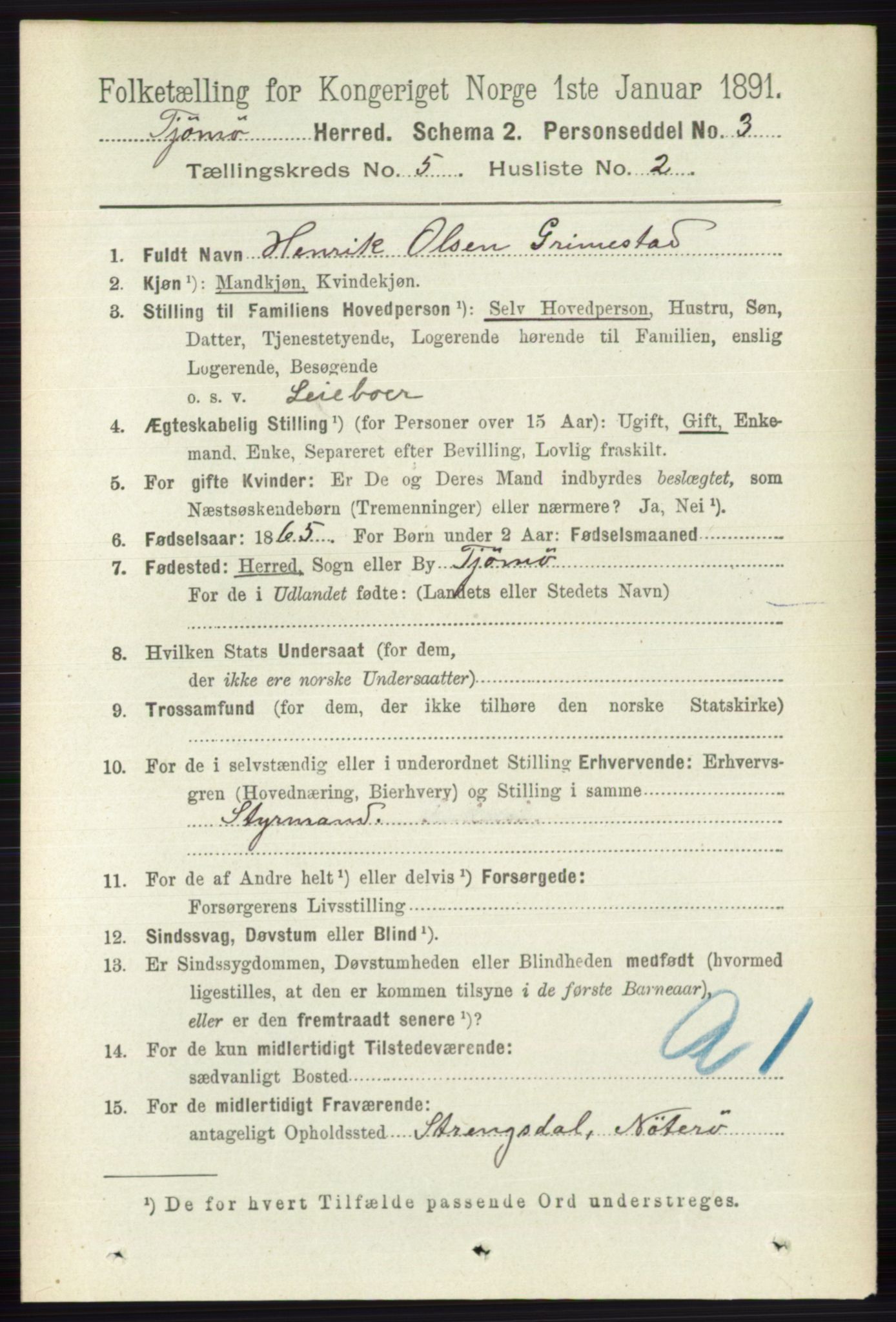 RA, 1891 census for 0723 Tjøme, 1891, p. 1673