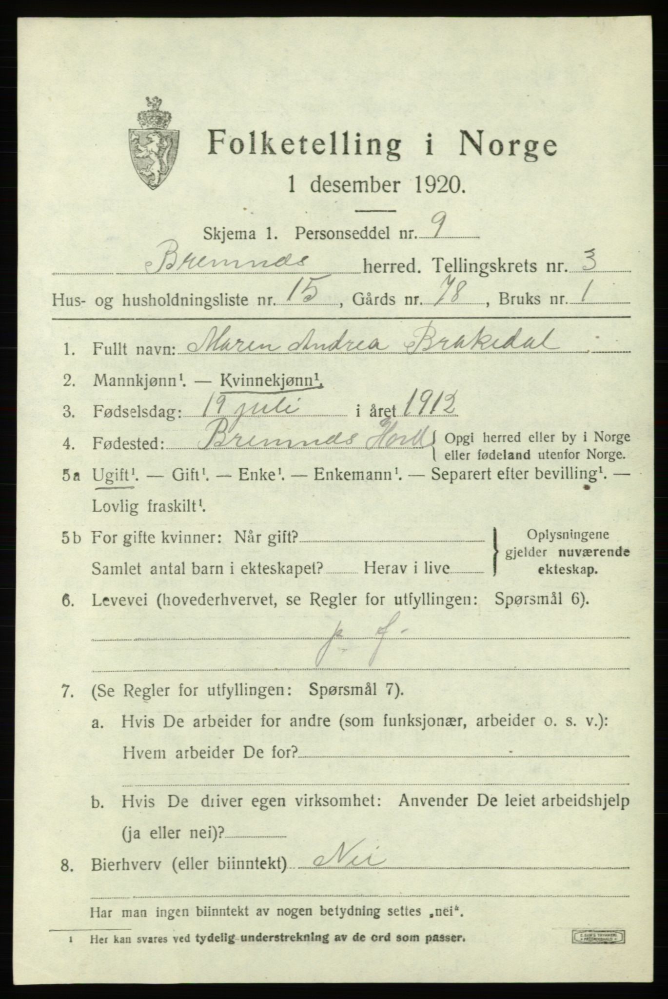 SAB, 1920 census for Bremnes, 1920, p. 1756