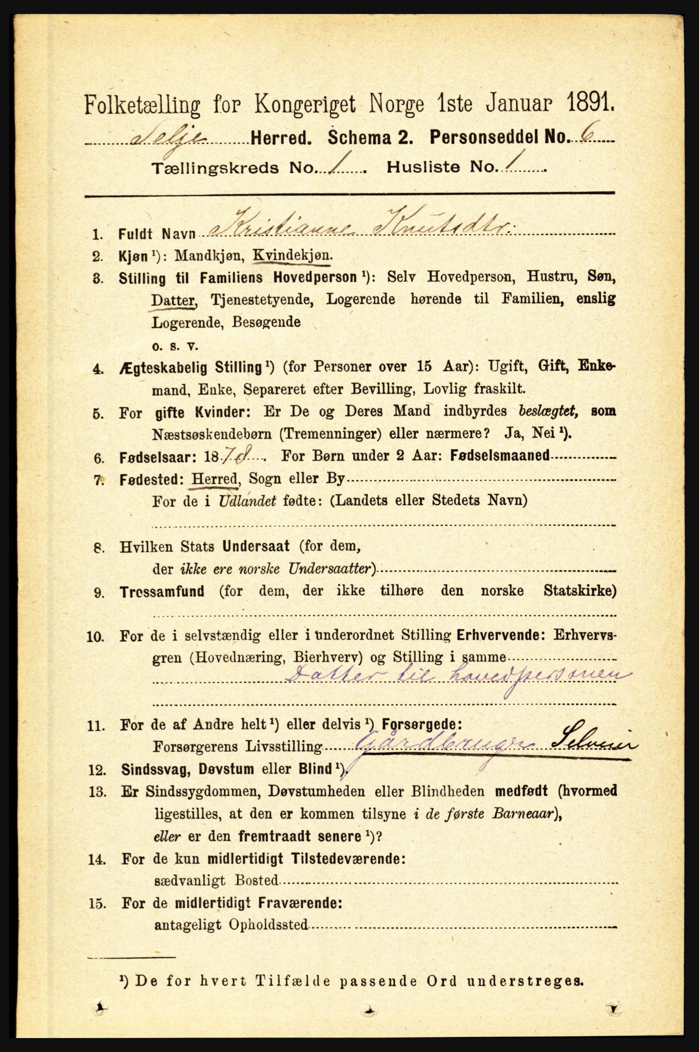 RA, 1891 census for 1441 Selje, 1891, p. 100