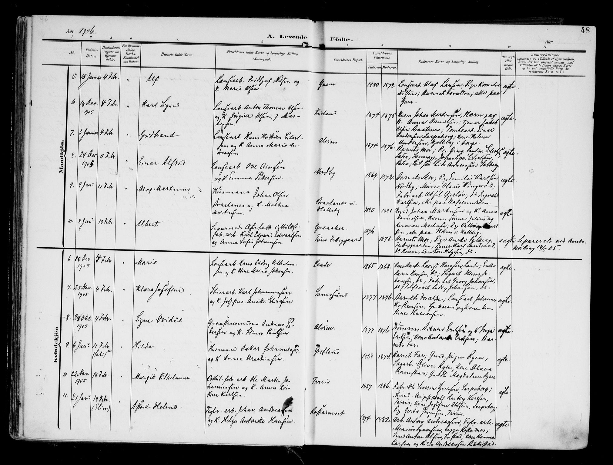 Tune prestekontor Kirkebøker, AV/SAO-A-2007/F/Fa/L0020: Parish register (official) no. 20, 1904-1909, p. 48