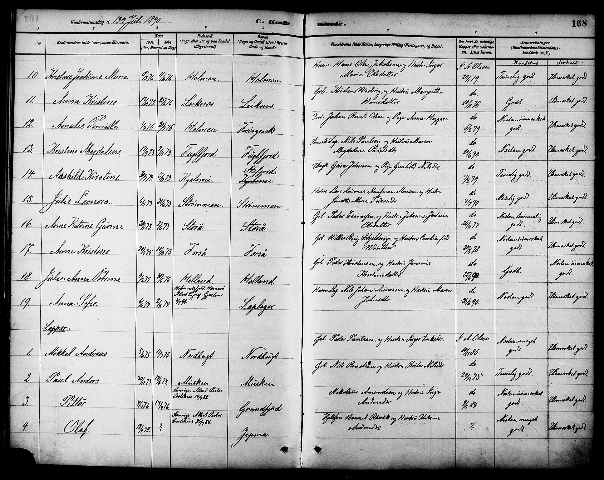 Ministerialprotokoller, klokkerbøker og fødselsregistre - Nordland, AV/SAT-A-1459/861/L0869: Parish register (official) no. 861A04, 1889-1903, p. 168