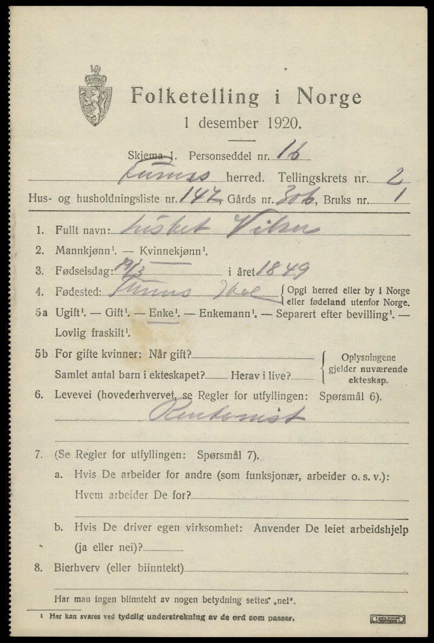 SAH, 1920 census for Furnes, 1920, p. 4827