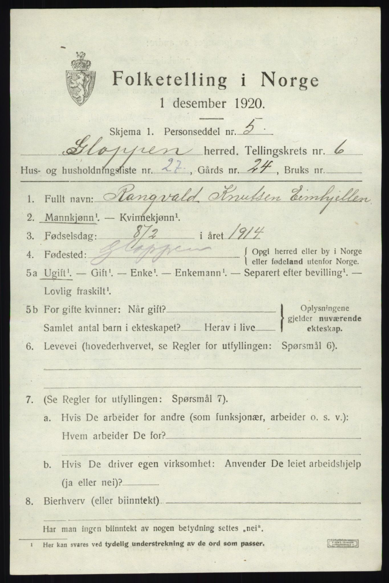 SAB, 1920 census for Gloppen, 1920, p. 4072