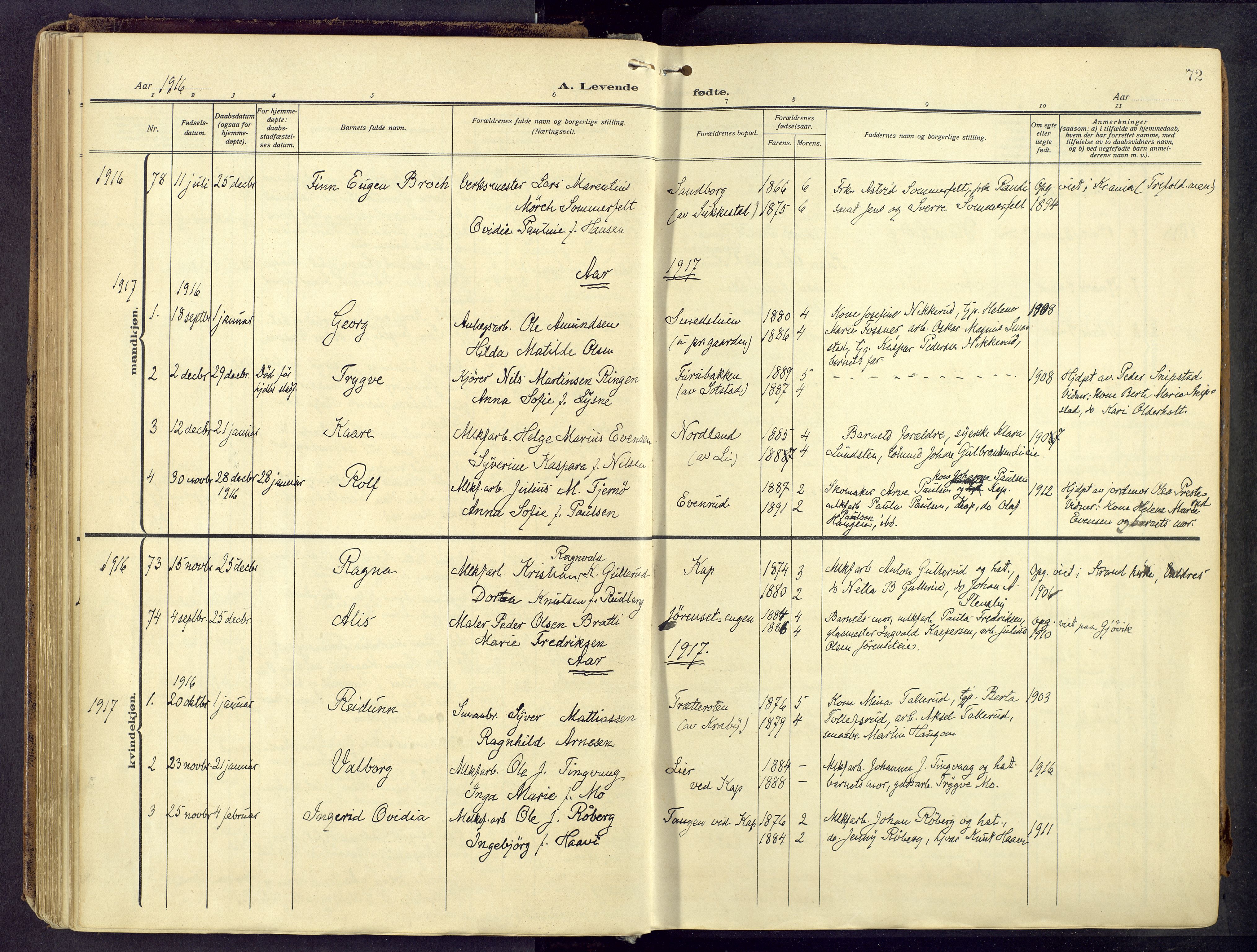 Østre Toten prestekontor, AV/SAH-PREST-104/H/Ha/Haa/L0010: Parish register (official) no. 10, 1910-1920, p. 72