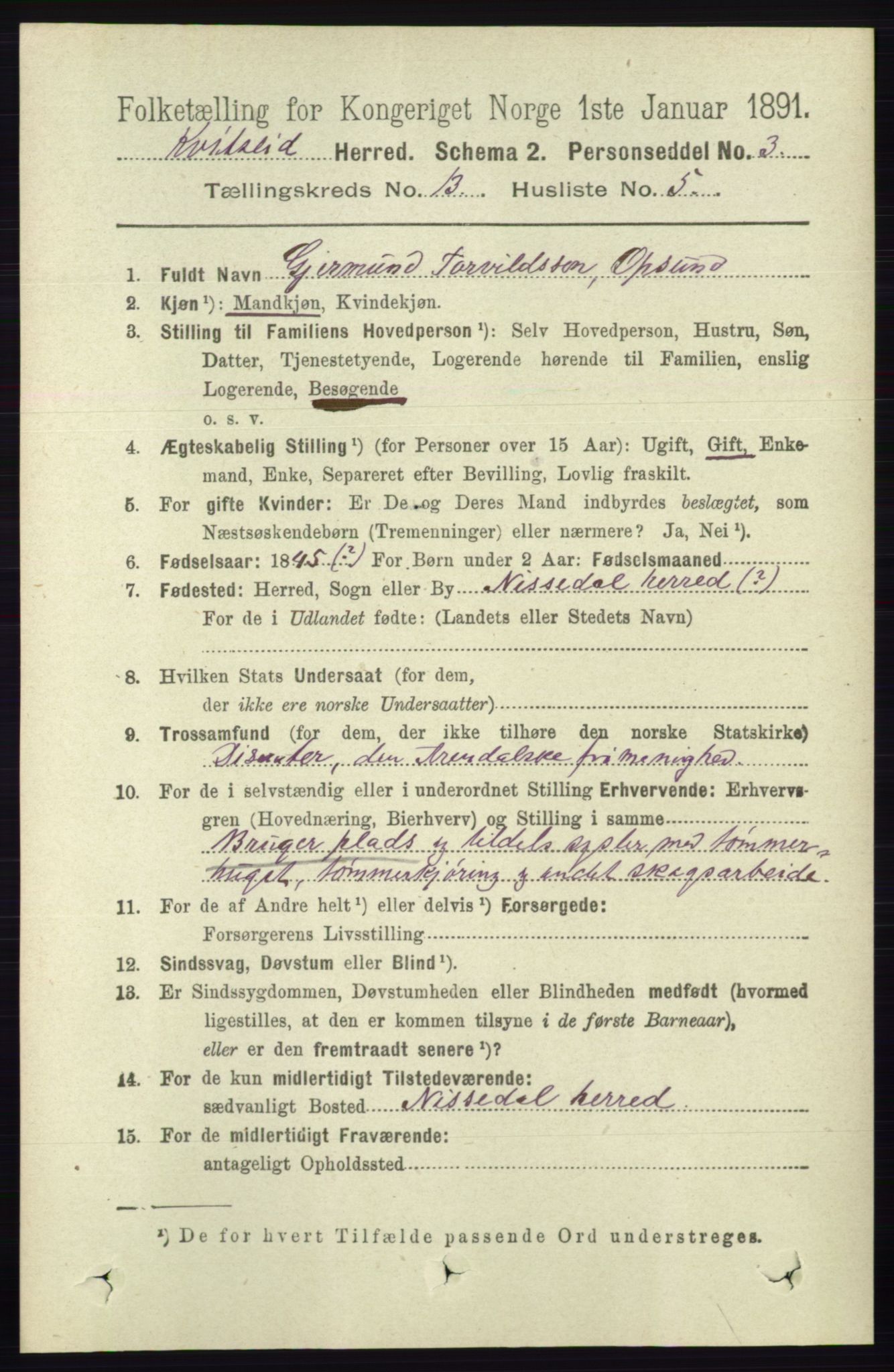 RA, 1891 census for 0829 Kviteseid, 1891, p. 3104