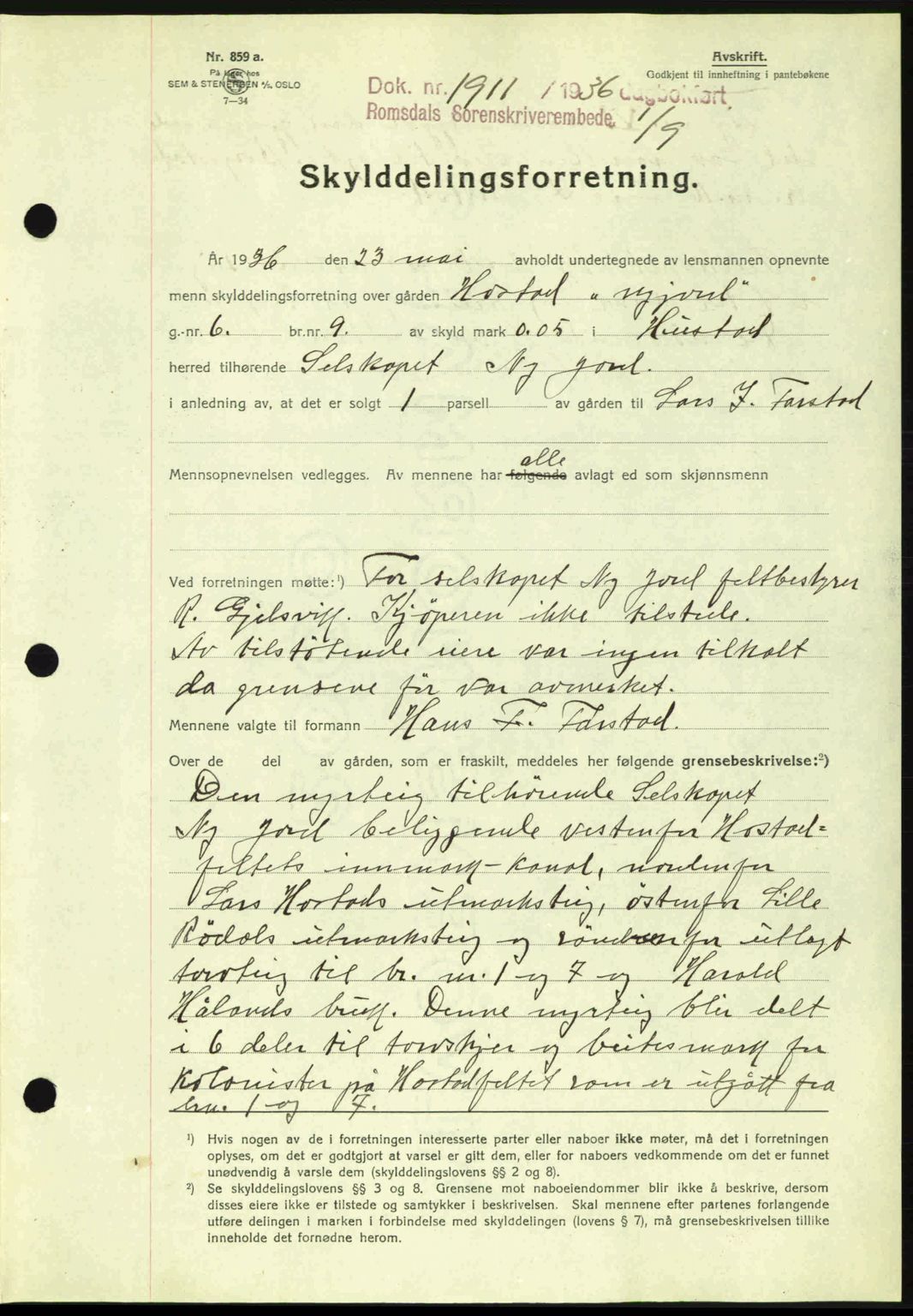 Romsdal sorenskriveri, SAT/A-4149/1/2/2C: Mortgage book no. A2, 1936-1937, Diary no: : 1911/1936