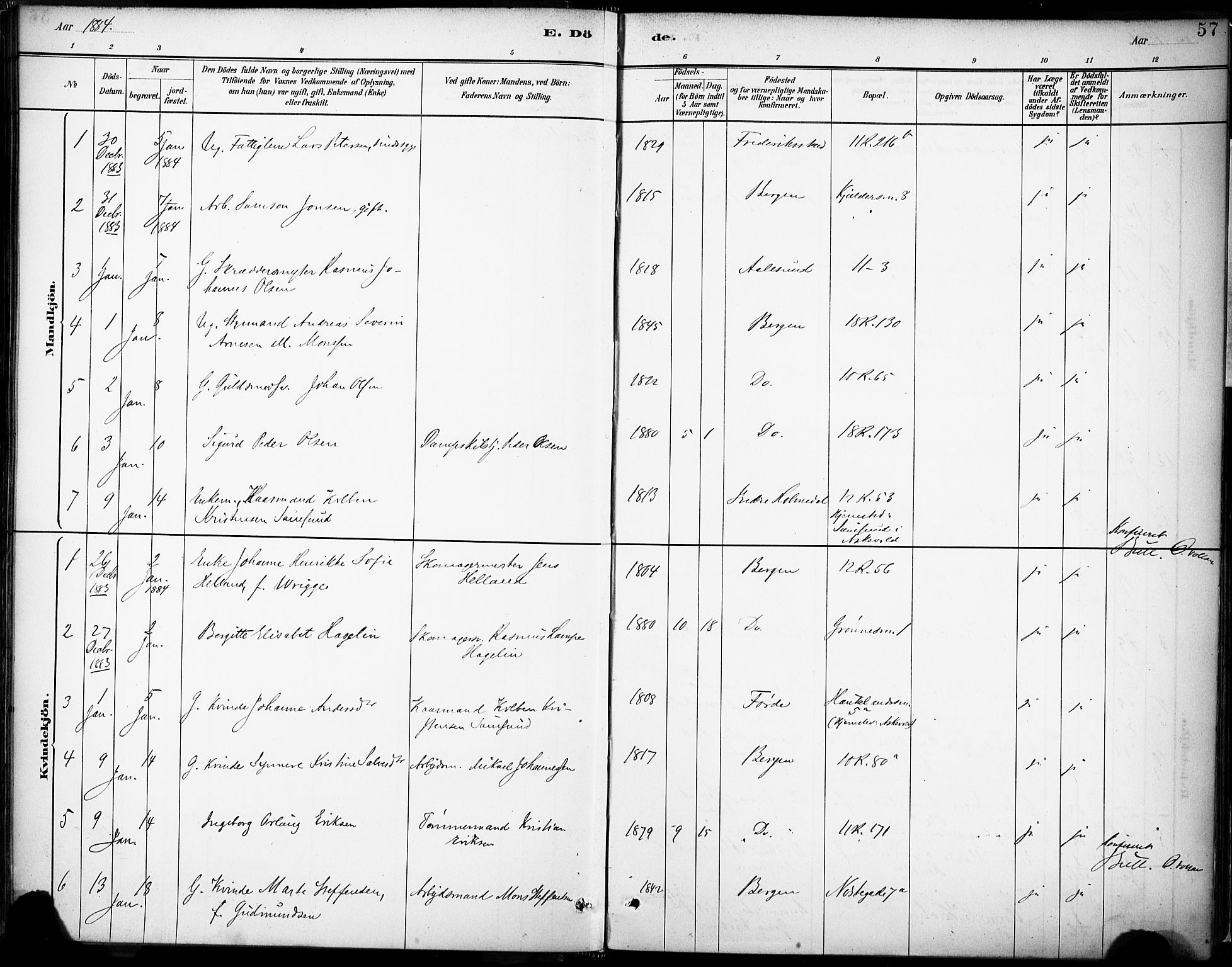 Domkirken sokneprestembete, SAB/A-74801/H/Haa/L0043: Parish register (official) no. E 5, 1882-1904, p. 57