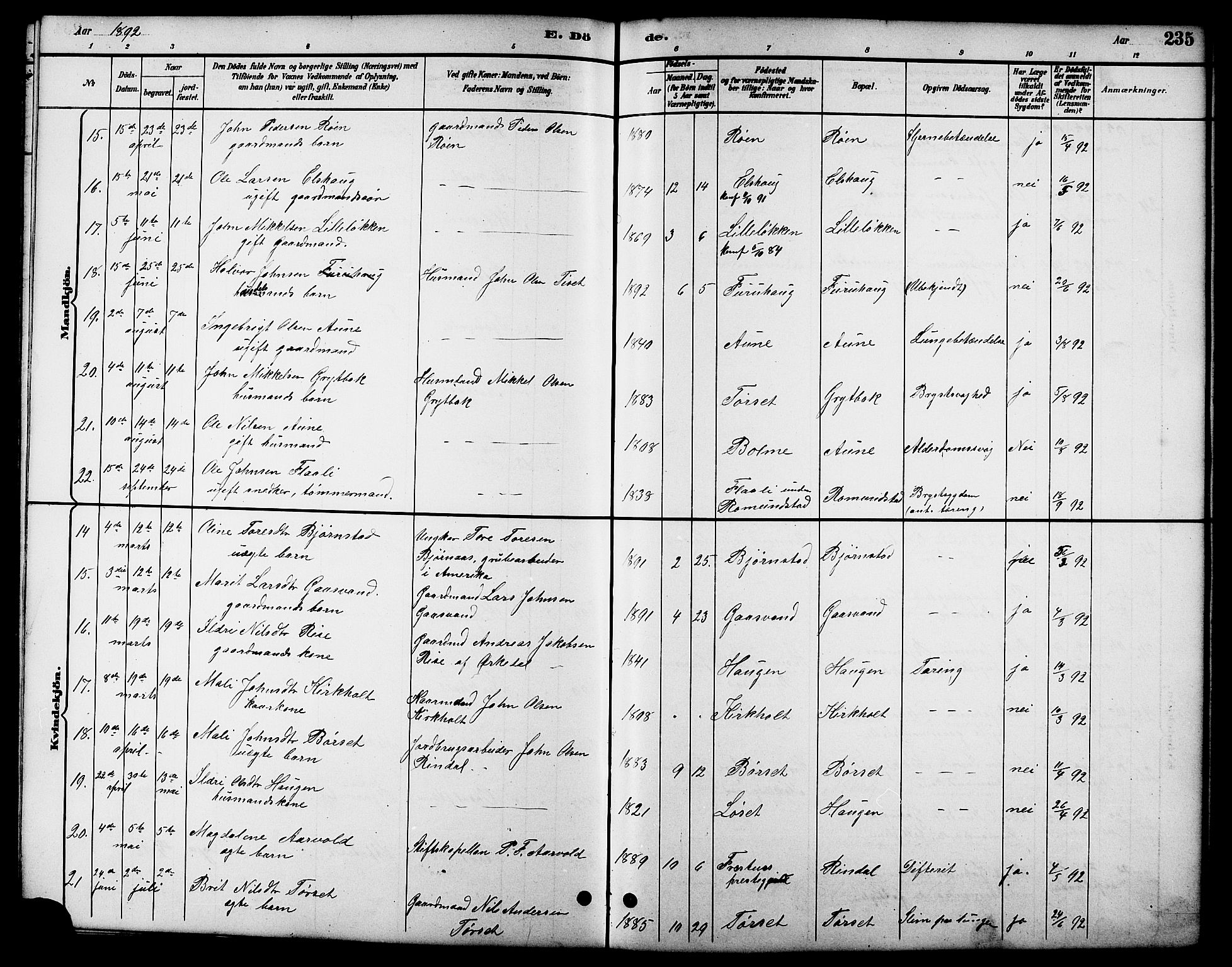 Ministerialprotokoller, klokkerbøker og fødselsregistre - Møre og Romsdal, AV/SAT-A-1454/598/L1078: Parish register (copy) no. 598C03, 1892-1909, p. 235