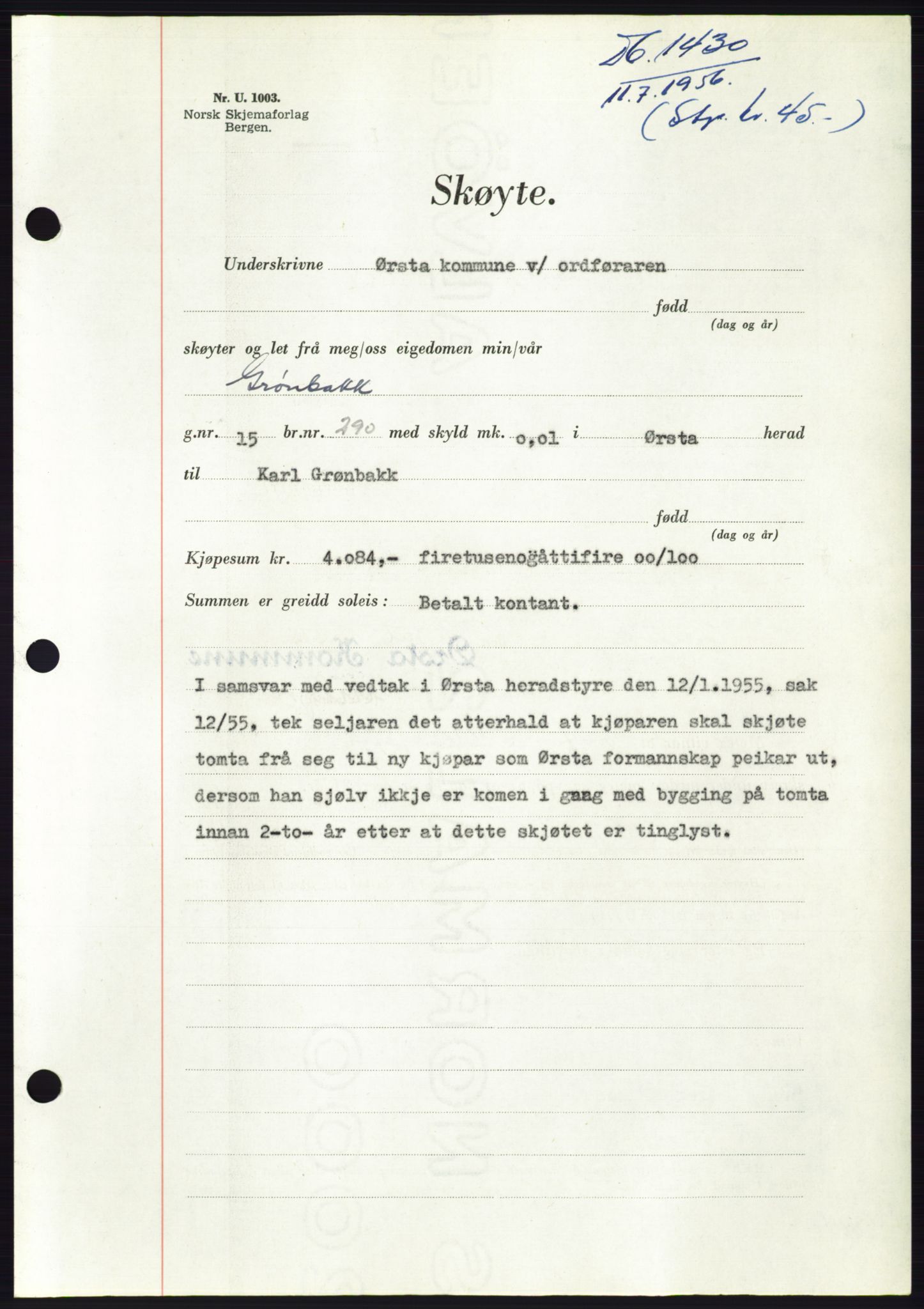 Søre Sunnmøre sorenskriveri, AV/SAT-A-4122/1/2/2C/L0104: Mortgage book no. 30A, 1956-1956, Diary no: : 1430/1956