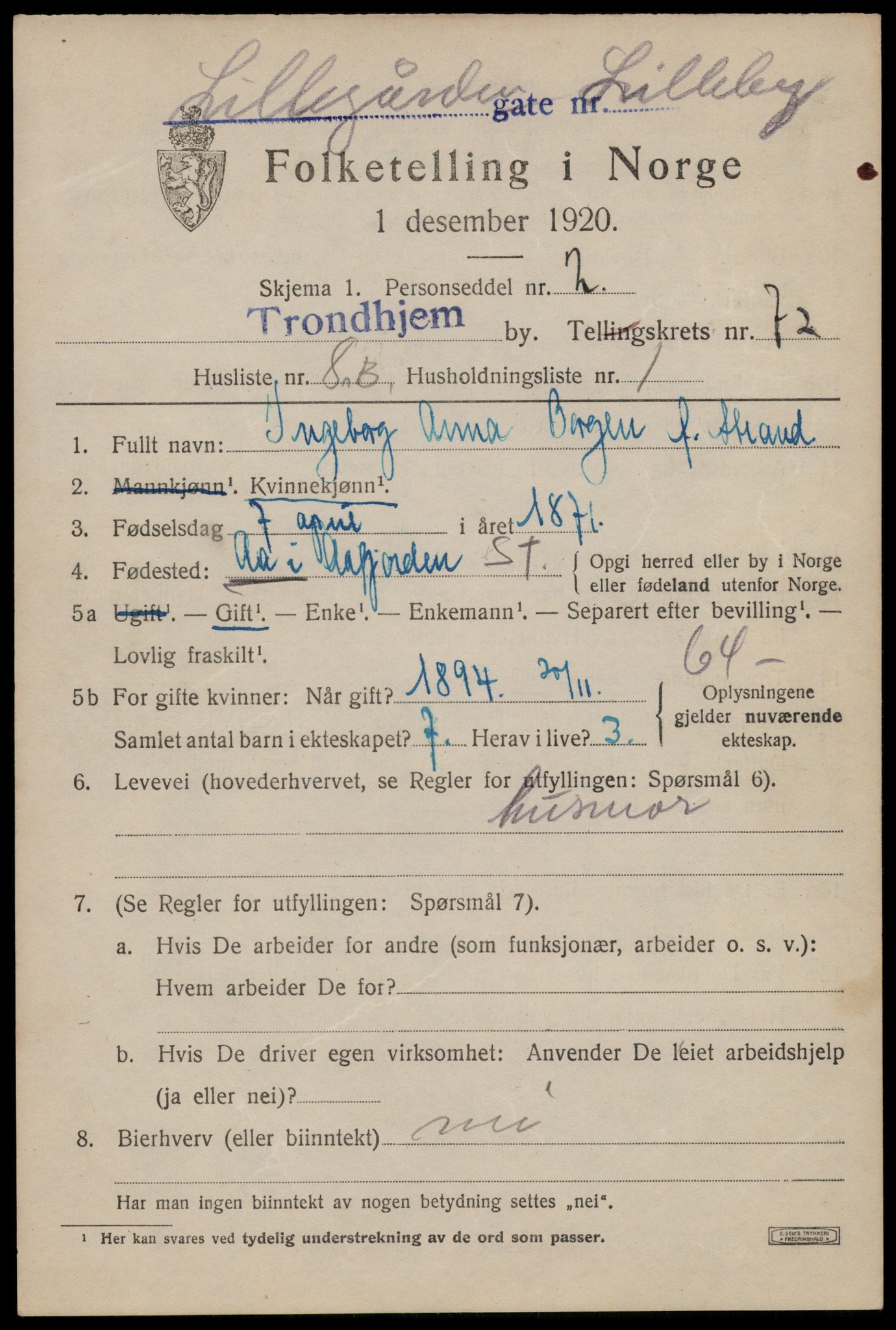 SAT, 1920 census for Trondheim, 1920, p. 141266