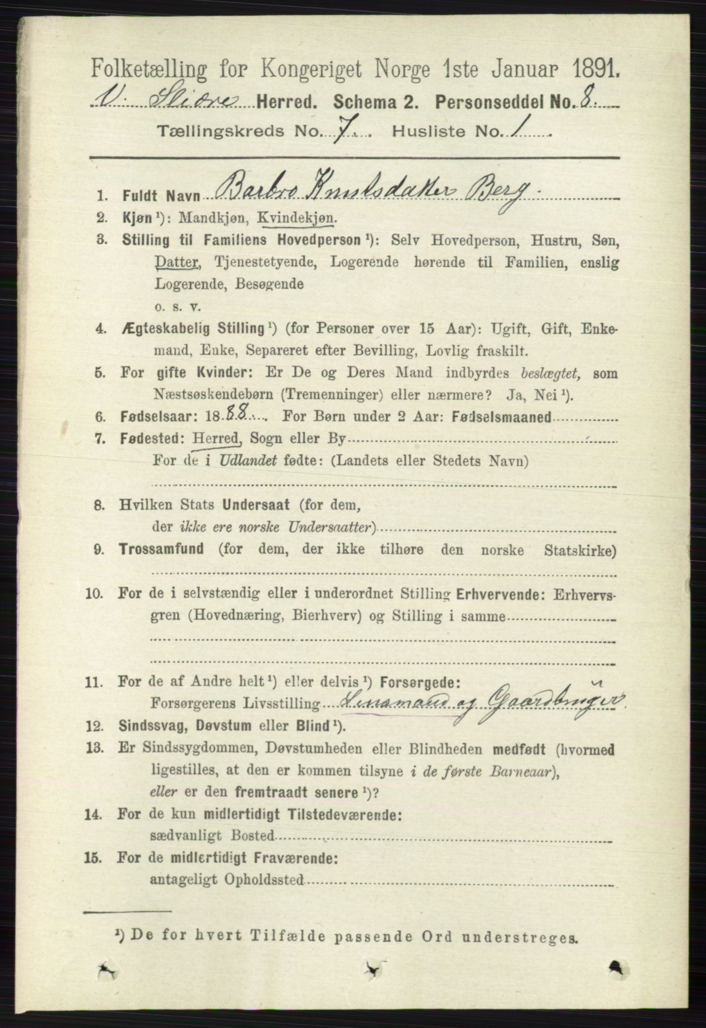 RA, 1891 census for 0543 Vestre Slidre, 1891, p. 2580