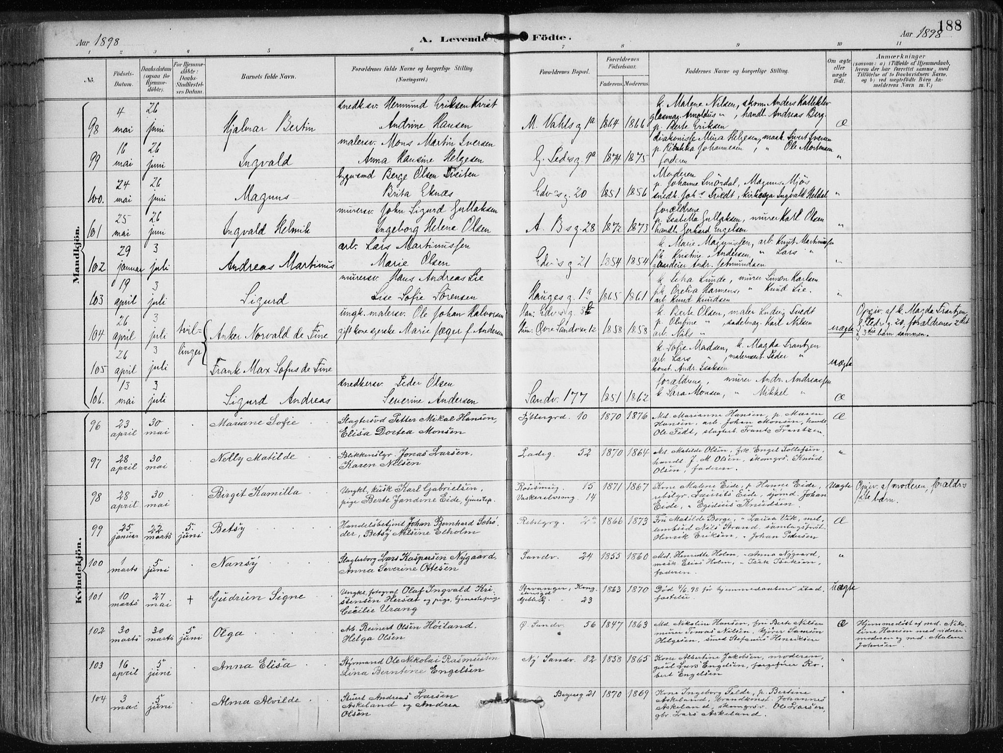 Sandviken Sokneprestembete, AV/SAB-A-77601/H/Ha/L0005: Parish register (official) no. B 2, 1891-1901, p. 188