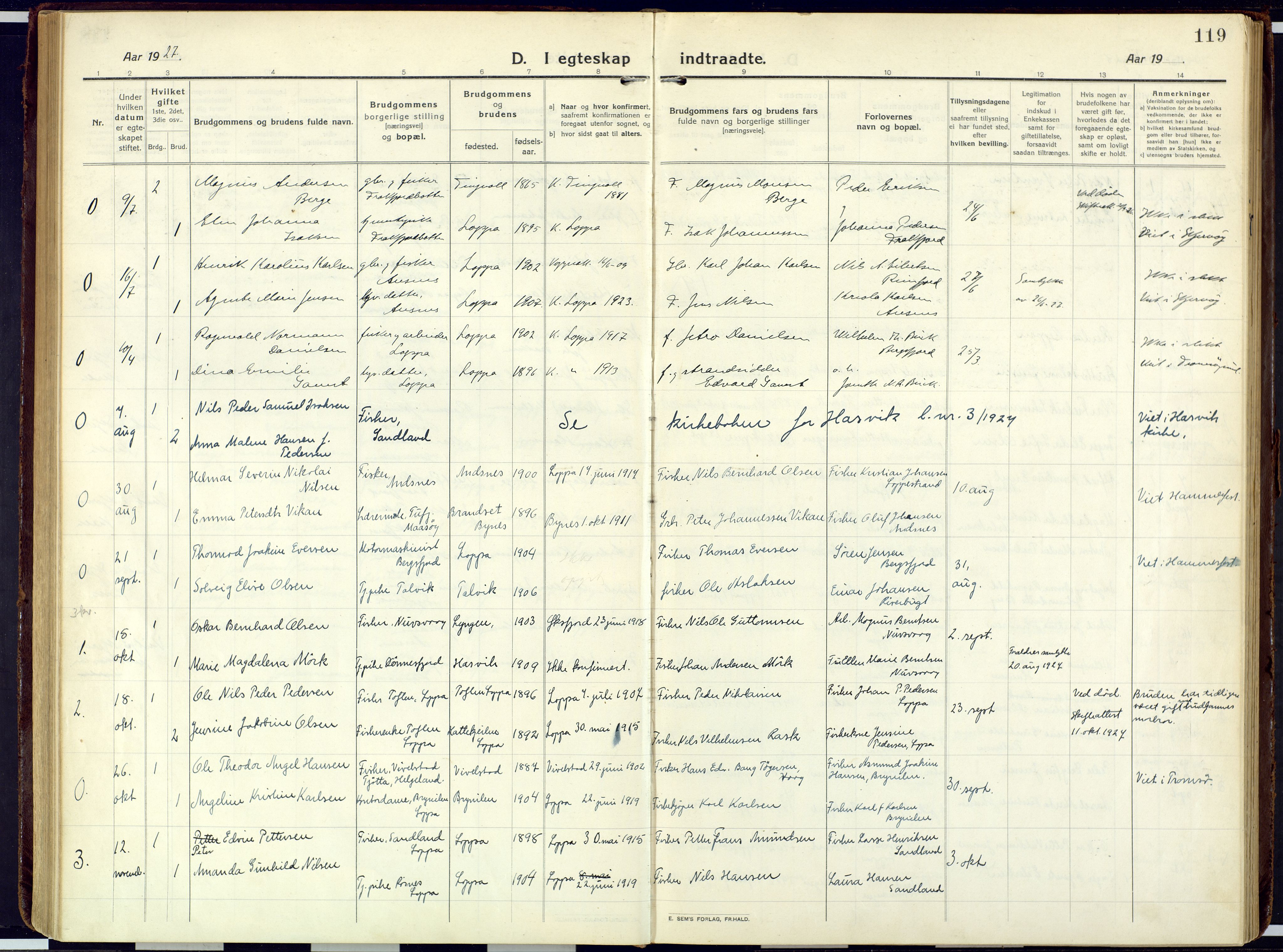 Loppa sokneprestkontor, SATØ/S-1339/H/Ha/L0013kirke: Parish register (official) no. 13, 1920-1932, p. 119