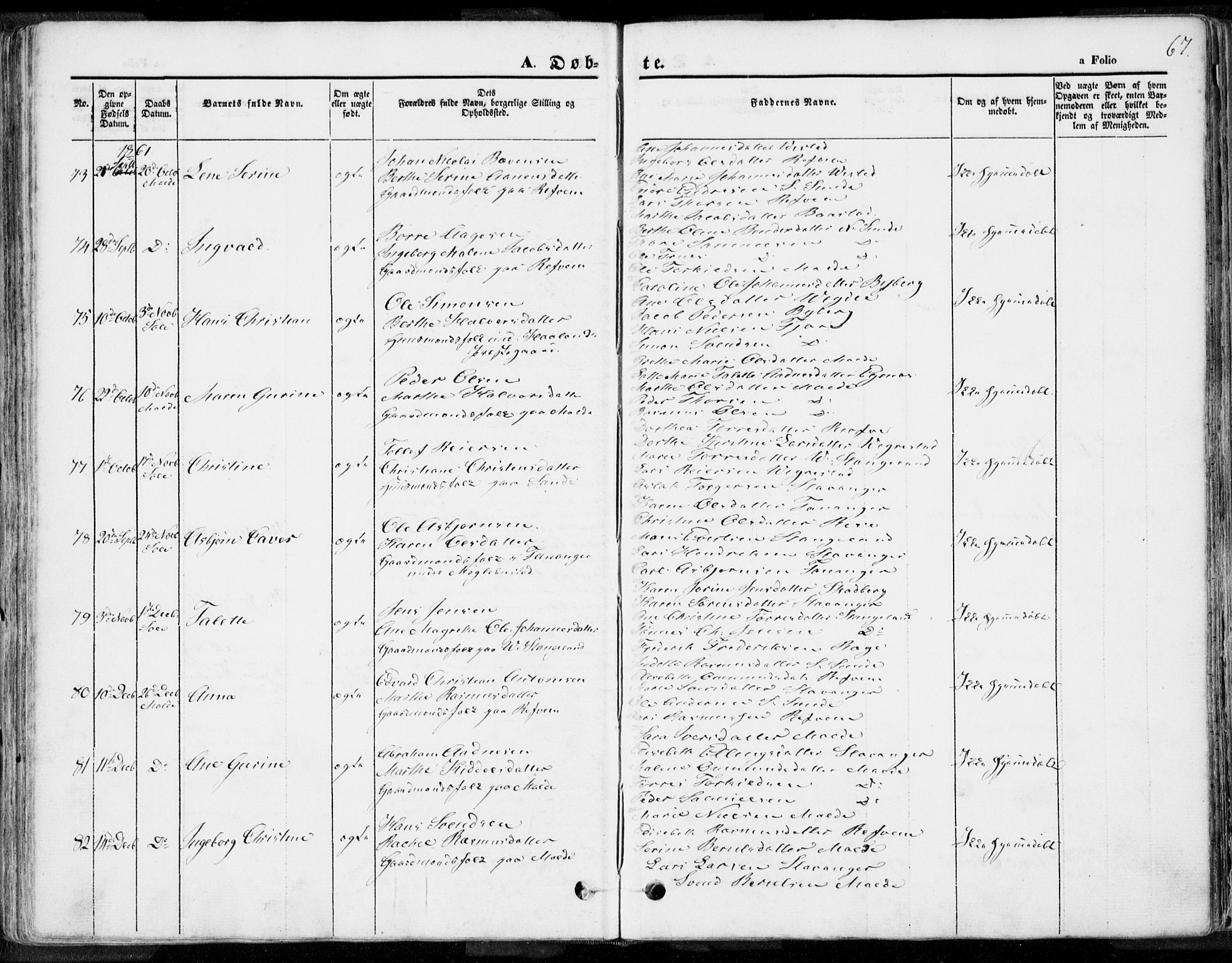 Håland sokneprestkontor, SAST/A-101802/001/30BA/L0007: Parish register (official) no. A 7.1, 1854-1870, p. 67