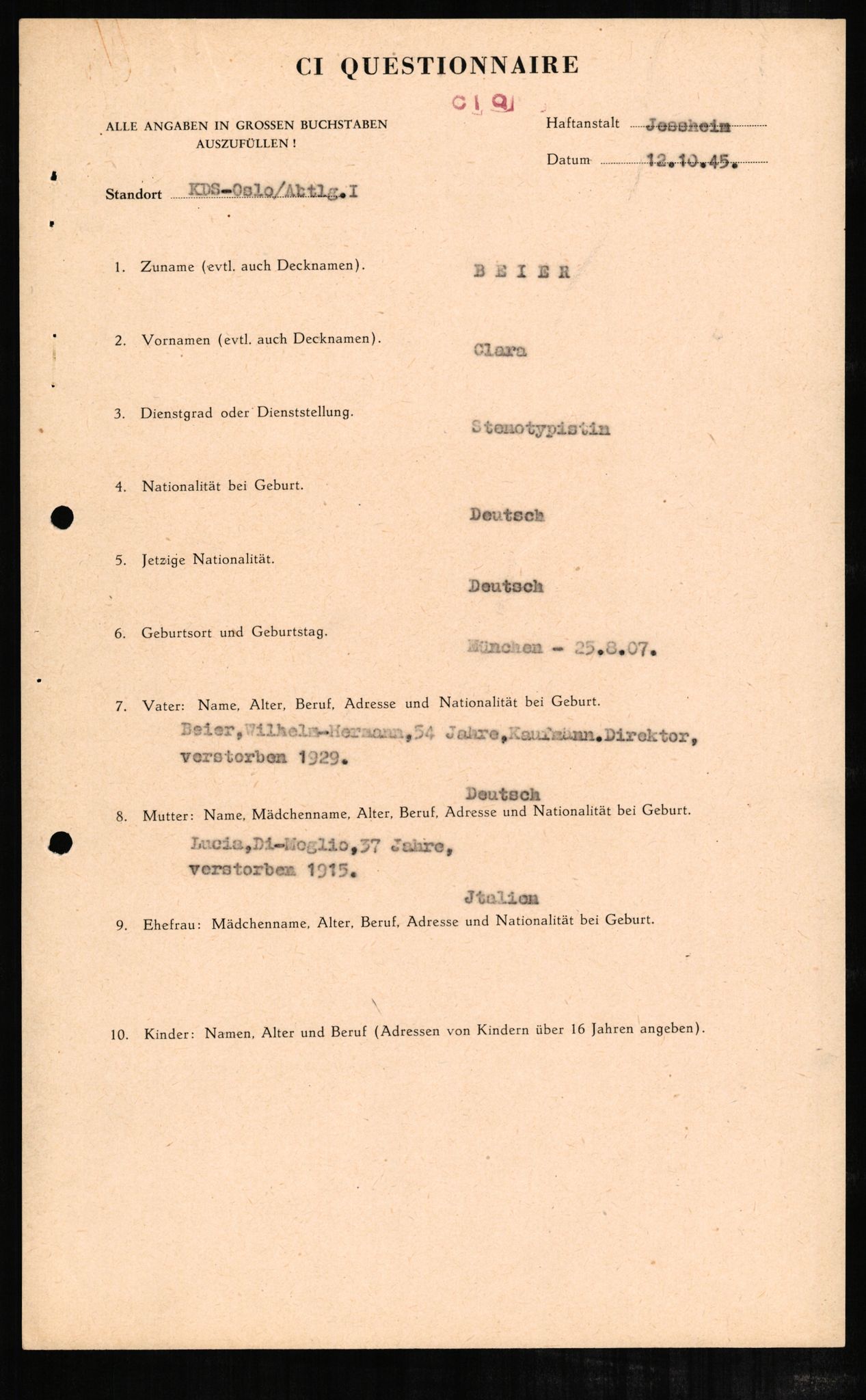 Forsvaret, Forsvarets overkommando II, AV/RA-RAFA-3915/D/Db/L0002: CI Questionaires. Tyske okkupasjonsstyrker i Norge. Tyskere., 1945-1946, p. 474