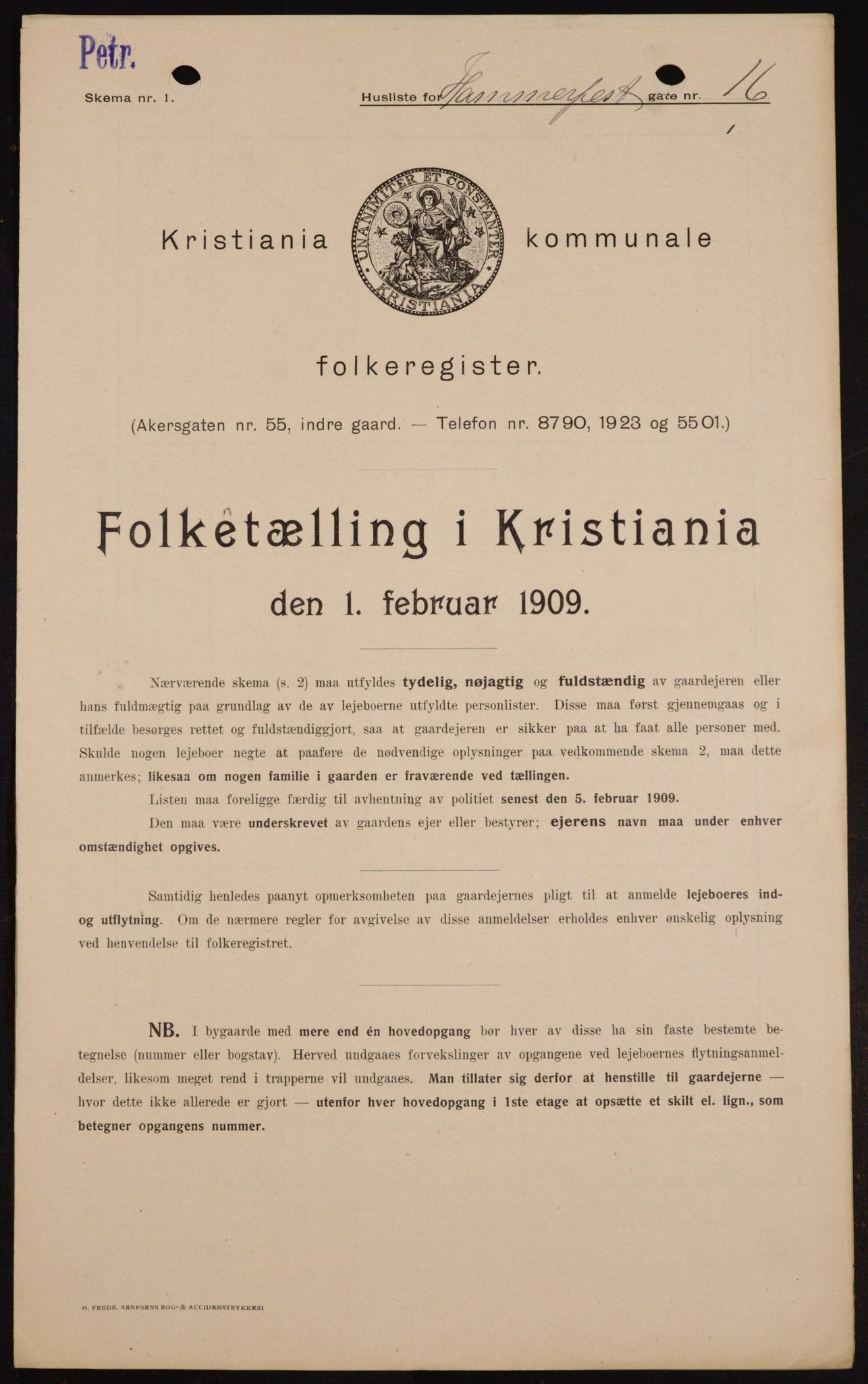 OBA, Municipal Census 1909 for Kristiania, 1909, p. 31085