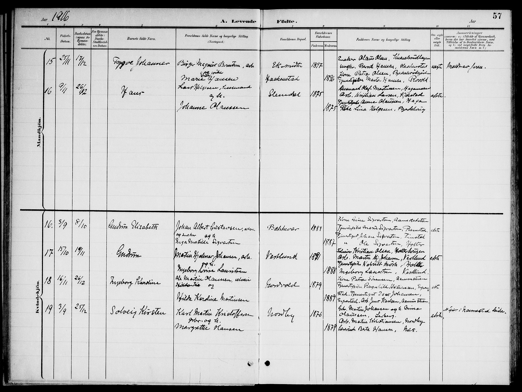 Nannestad prestekontor Kirkebøker, SAO/A-10414a/G/Gb/L0001: Parish register (copy) no. II 1, 1901-1917, p. 57