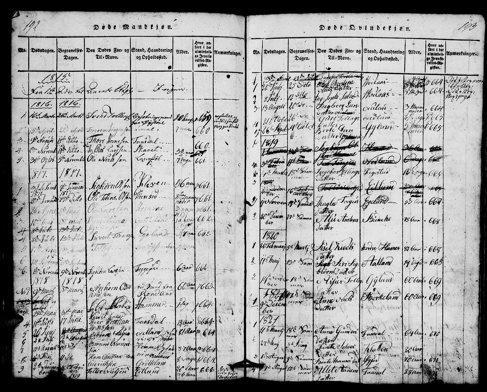 Bakke sokneprestkontor, SAK/1111-0002/F/Fb/Fbb/L0001: Parish register (copy) no. B 1, 1815-1835, p. 192-193