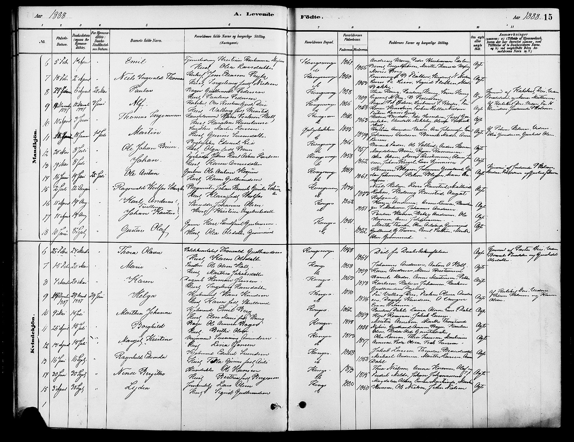 Vinger prestekontor, SAH/PREST-024/H/Ha/Haa/L0013: Parish register (official) no. 13, 1881-1897, p. 15