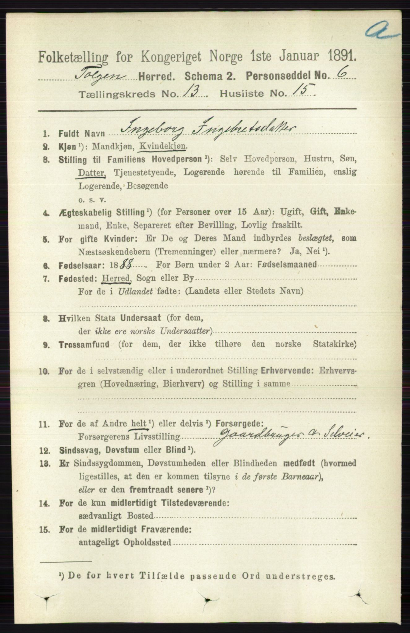 RA, 1891 census for 0436 Tolga, 1891, p. 3988