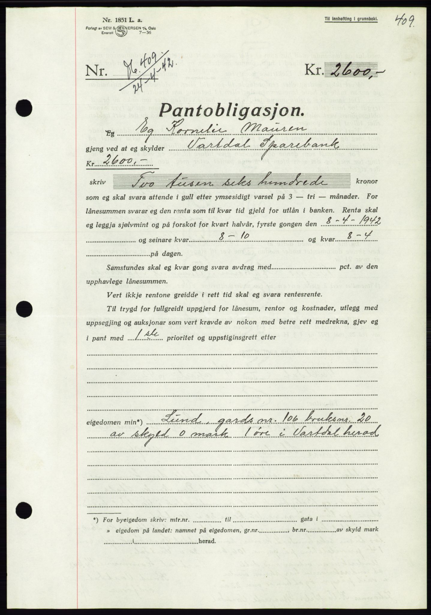 Søre Sunnmøre sorenskriveri, AV/SAT-A-4122/1/2/2C/L0073: Mortgage book no. 67, 1941-1942, Diary no: : 409/1942