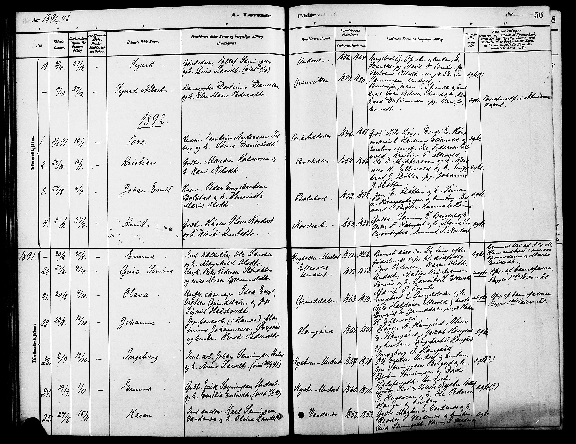 Rendalen prestekontor, AV/SAH-PREST-054/H/Ha/Hab/L0003: Parish register (copy) no. 3, 1879-1904, p. 56