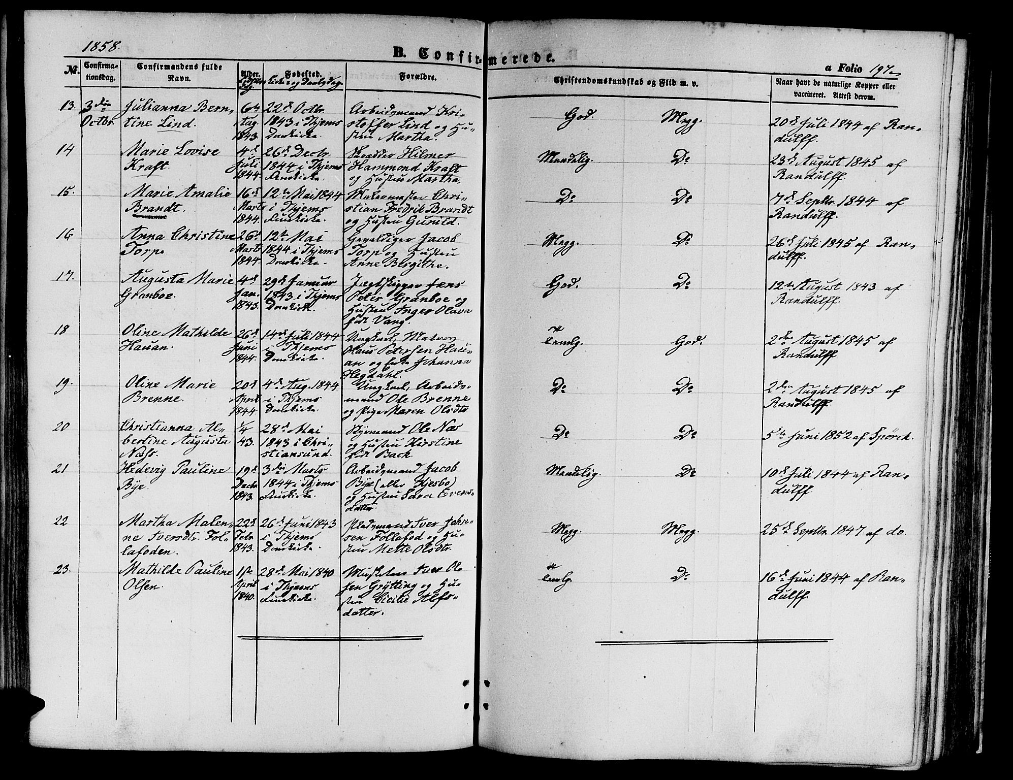 Ministerialprotokoller, klokkerbøker og fødselsregistre - Sør-Trøndelag, SAT/A-1456/602/L0138: Parish register (copy) no. 602C06, 1853-1858, p. 197