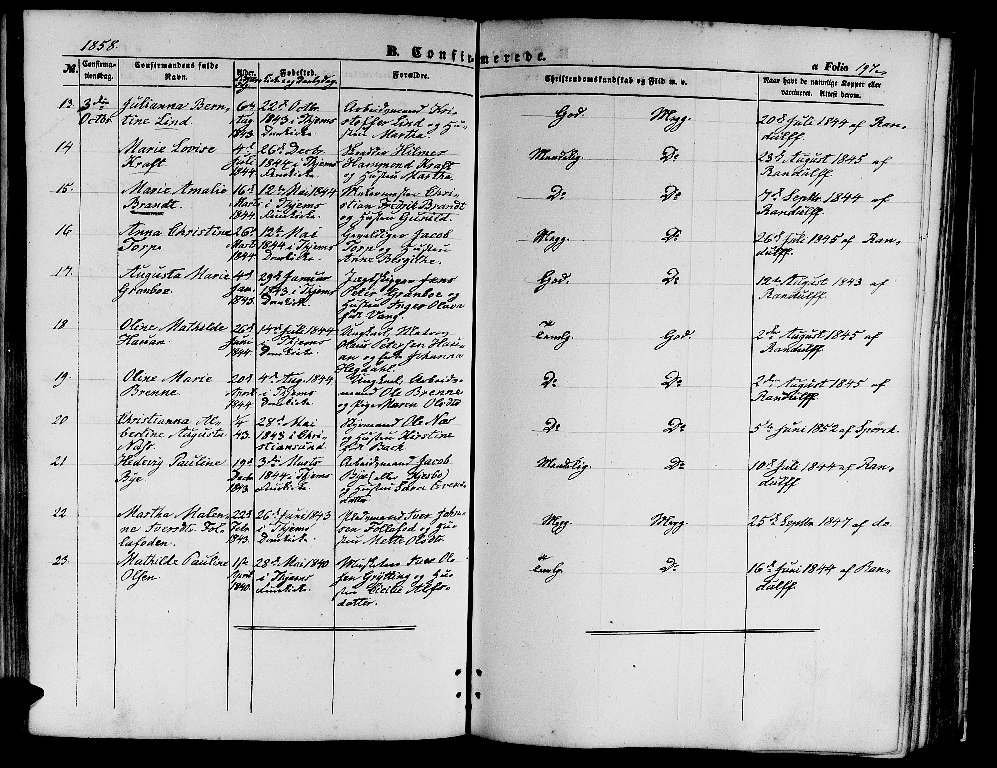 Ministerialprotokoller, klokkerbøker og fødselsregistre - Sør-Trøndelag, AV/SAT-A-1456/602/L0138: Parish register (copy) no. 602C06, 1853-1858, p. 197