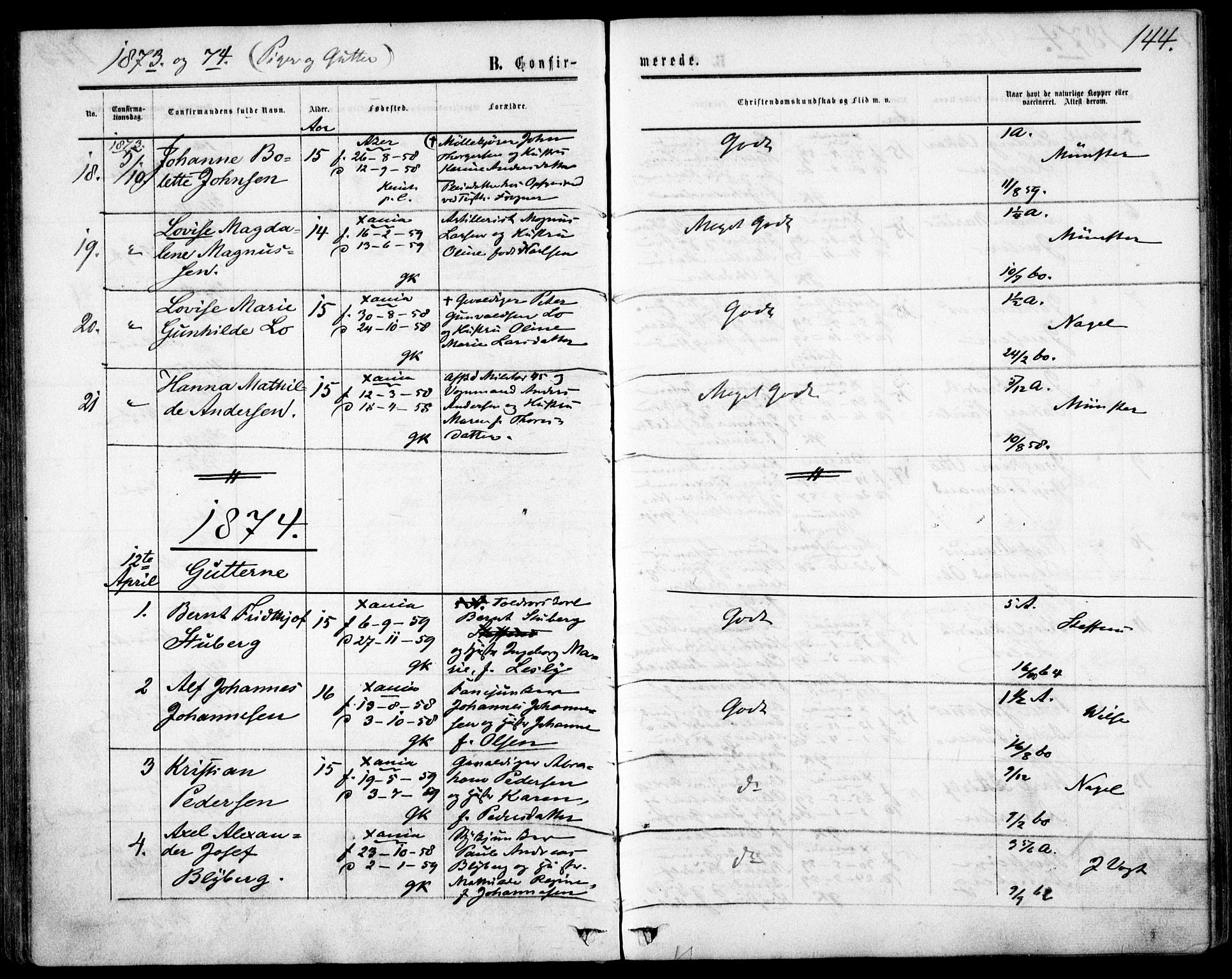 Garnisonsmenigheten Kirkebøker, SAO/A-10846/F/Fa/L0011: Parish register (official) no. 11, 1870-1880, p. 144