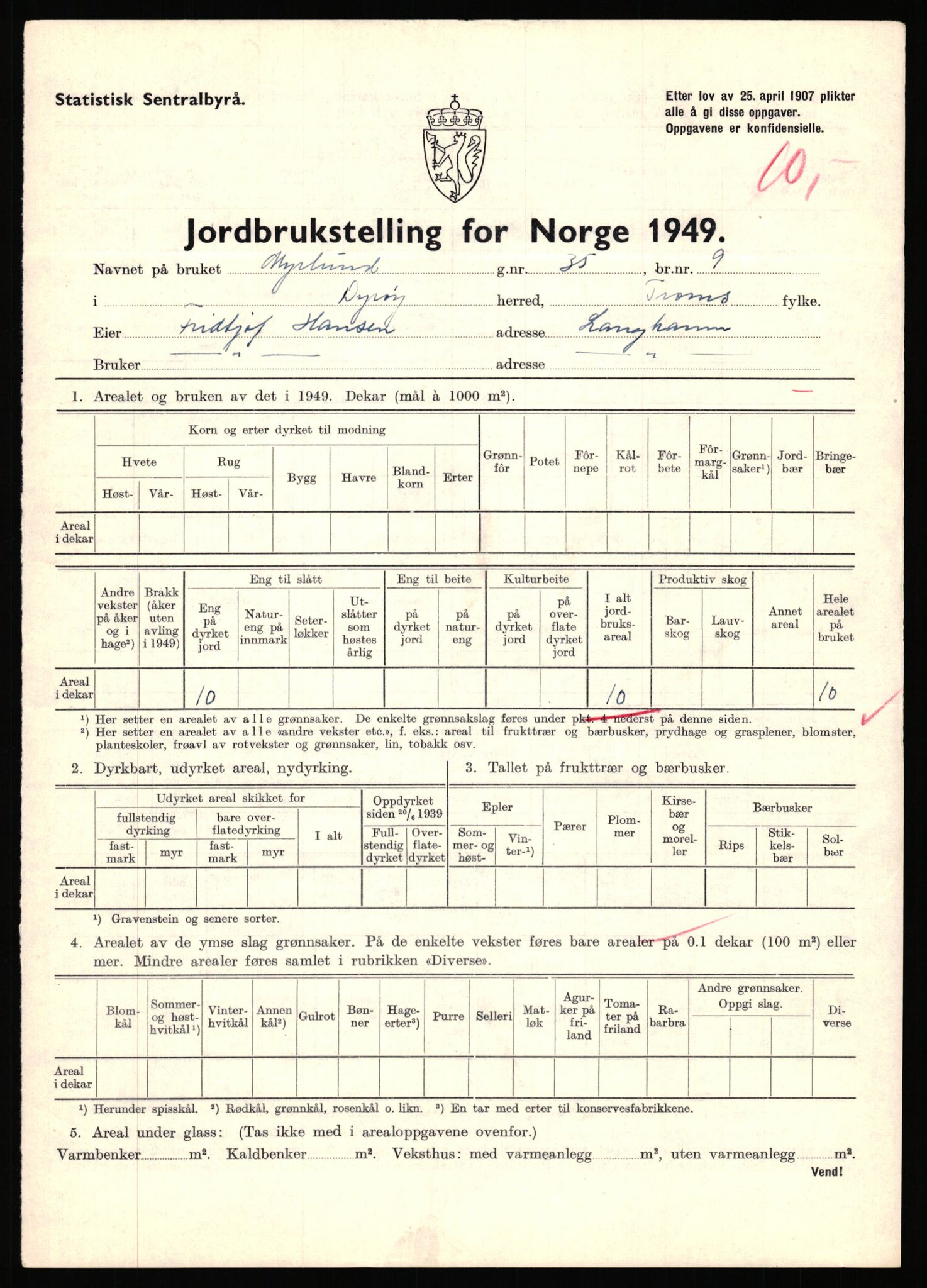 Statistisk sentralbyrå, Næringsøkonomiske emner, Jordbruk, skogbruk, jakt, fiske og fangst, AV/RA-S-2234/G/Gc/L0440: Troms: Sørreisa og Dyrøy, 1949, p. 974