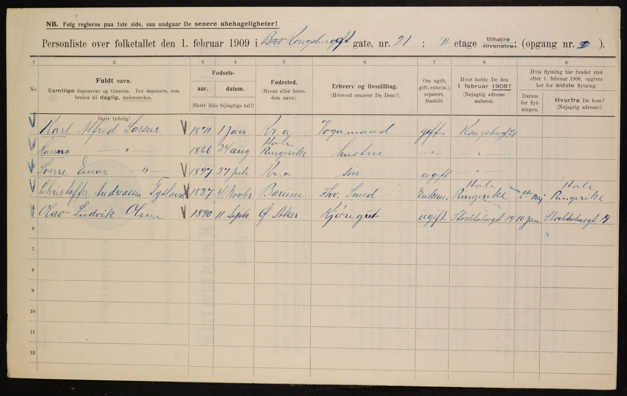 OBA, Municipal Census 1909 for Kristiania, 1909, p. 48637