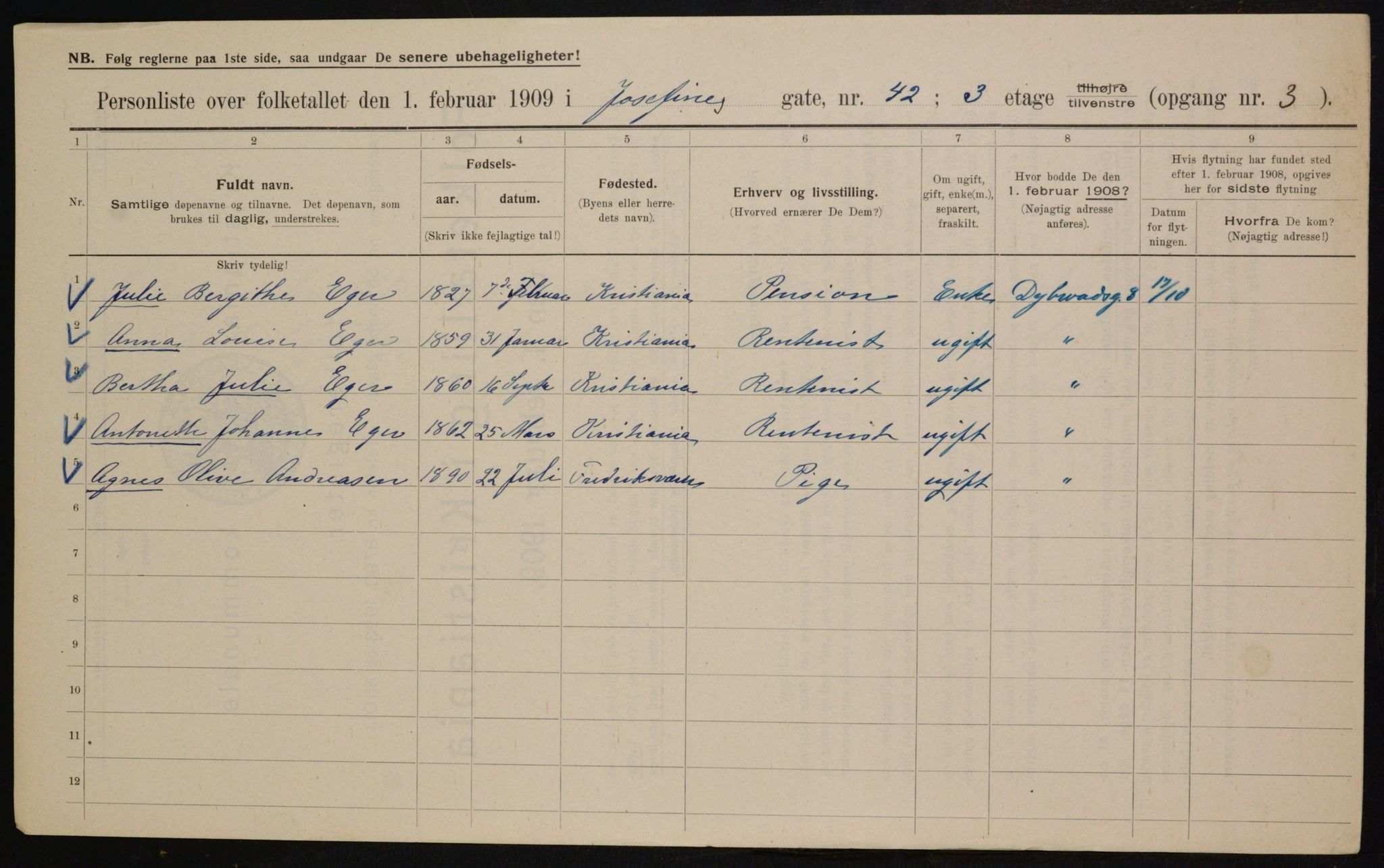 OBA, Municipal Census 1909 for Kristiania, 1909, p. 43461