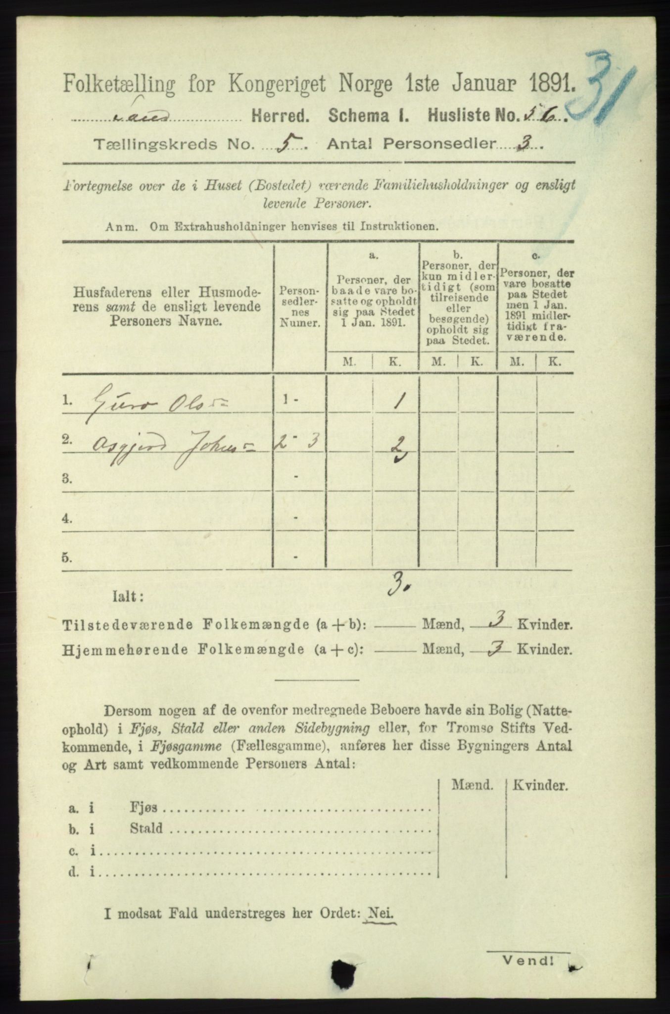 RA, 1891 census for 1136 Sand, 1891, p. 1540