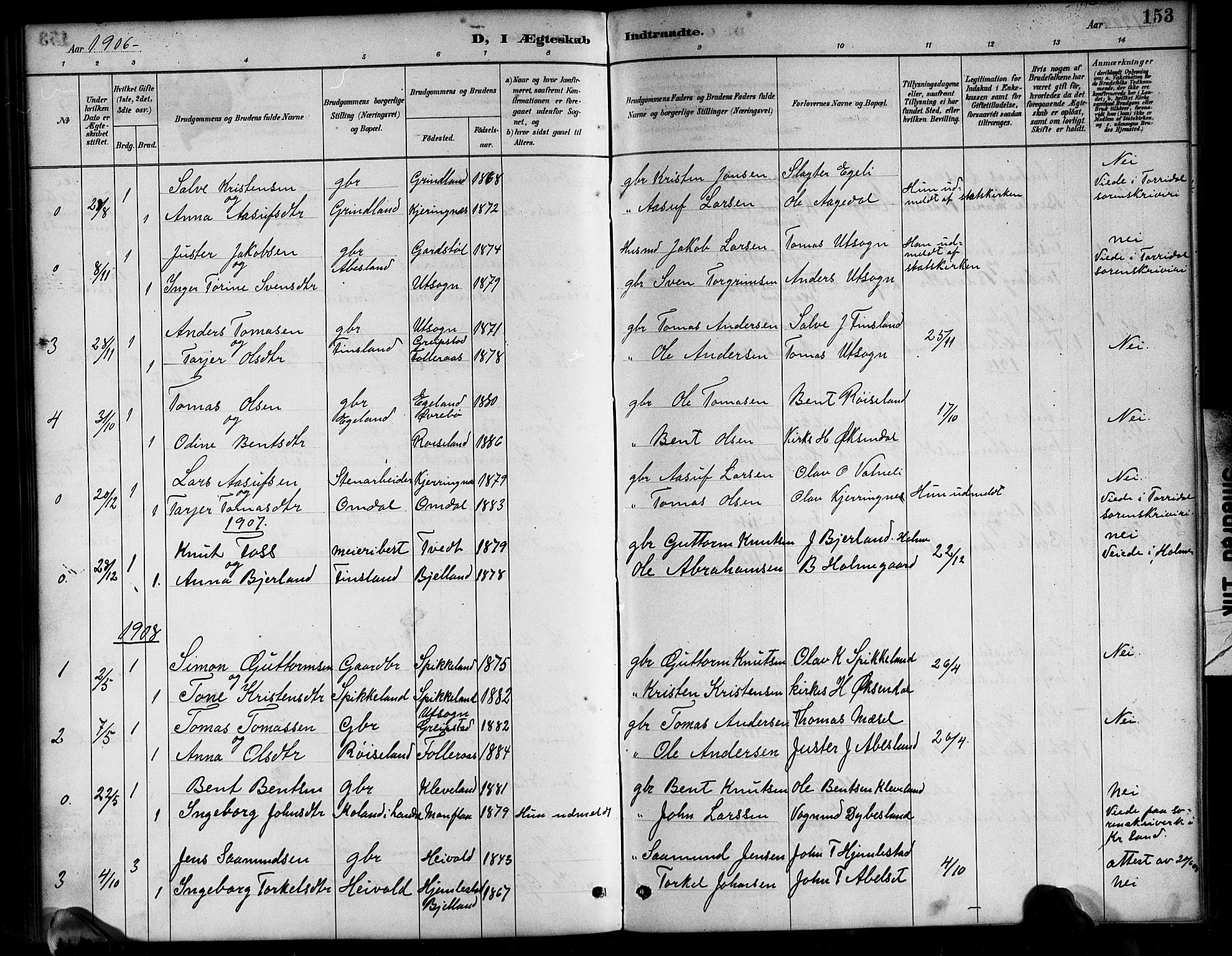 Bjelland sokneprestkontor, SAK/1111-0005/F/Fb/Fbb/L0005: Parish register (copy) no. B 5, 1887-1918, p. 154